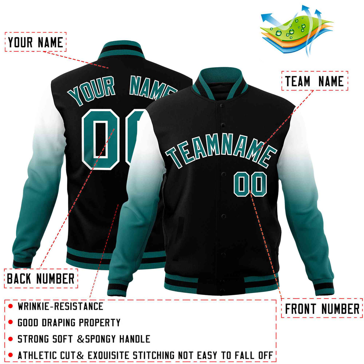 Custom Black Teal White Full-Snap Varsity Raglan Sleeves Gradient Letterman Jacket