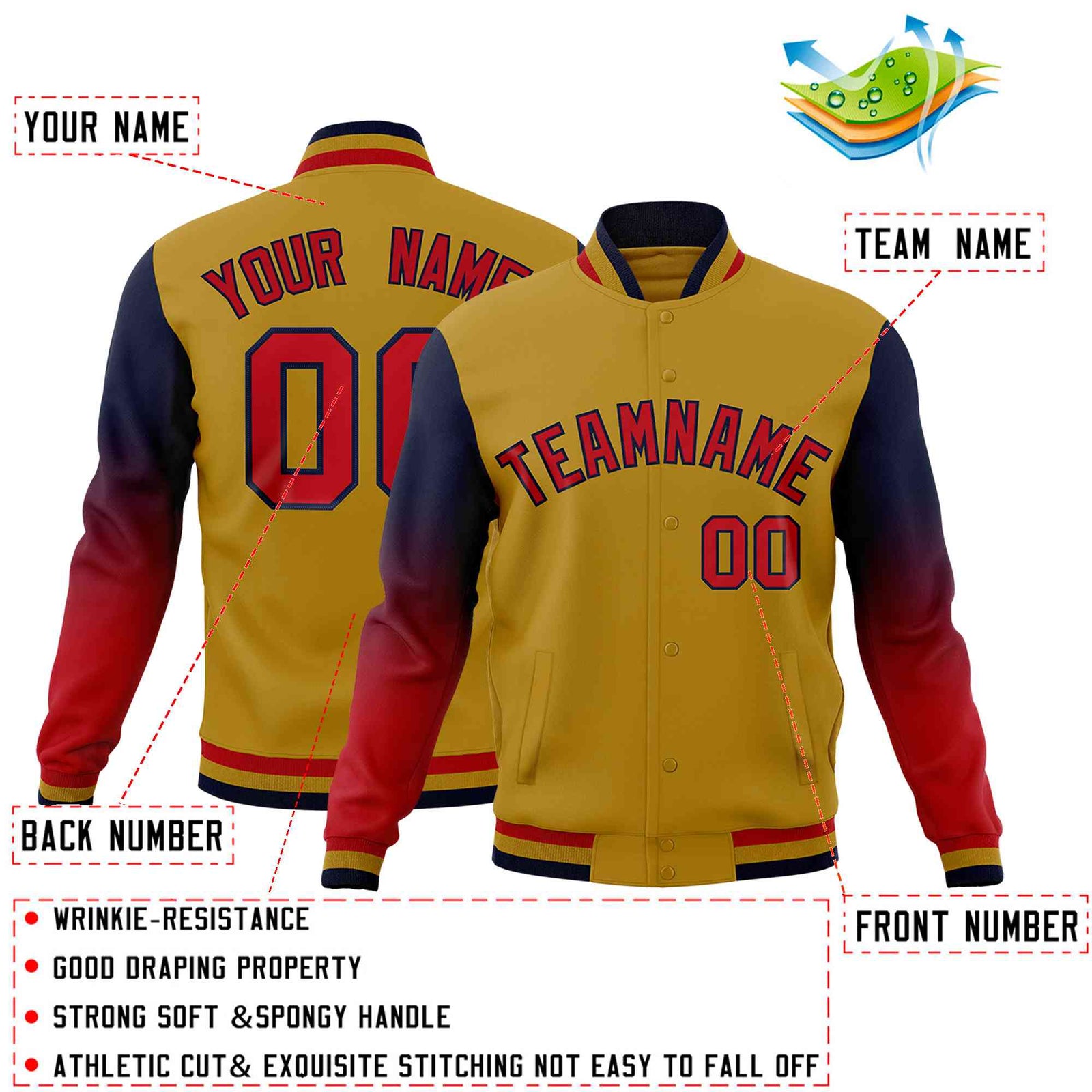 Custom Old Gold Red Navy Full-Snap Varsity Raglan Sleeves Gradient Letterman Jacket