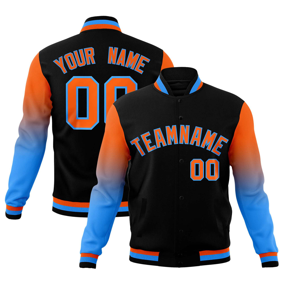 Custom Black Orange Powder Blue Full-Snap Varsity Raglan Sleeves Gradient Letterman Jacket