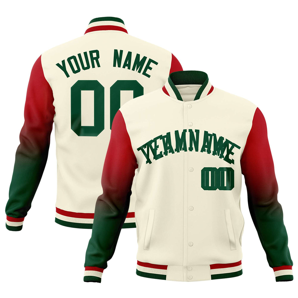 Custom Cream Green Red Full-Snap Varsity Raglan Sleeves Gradient Letterman Jacket
