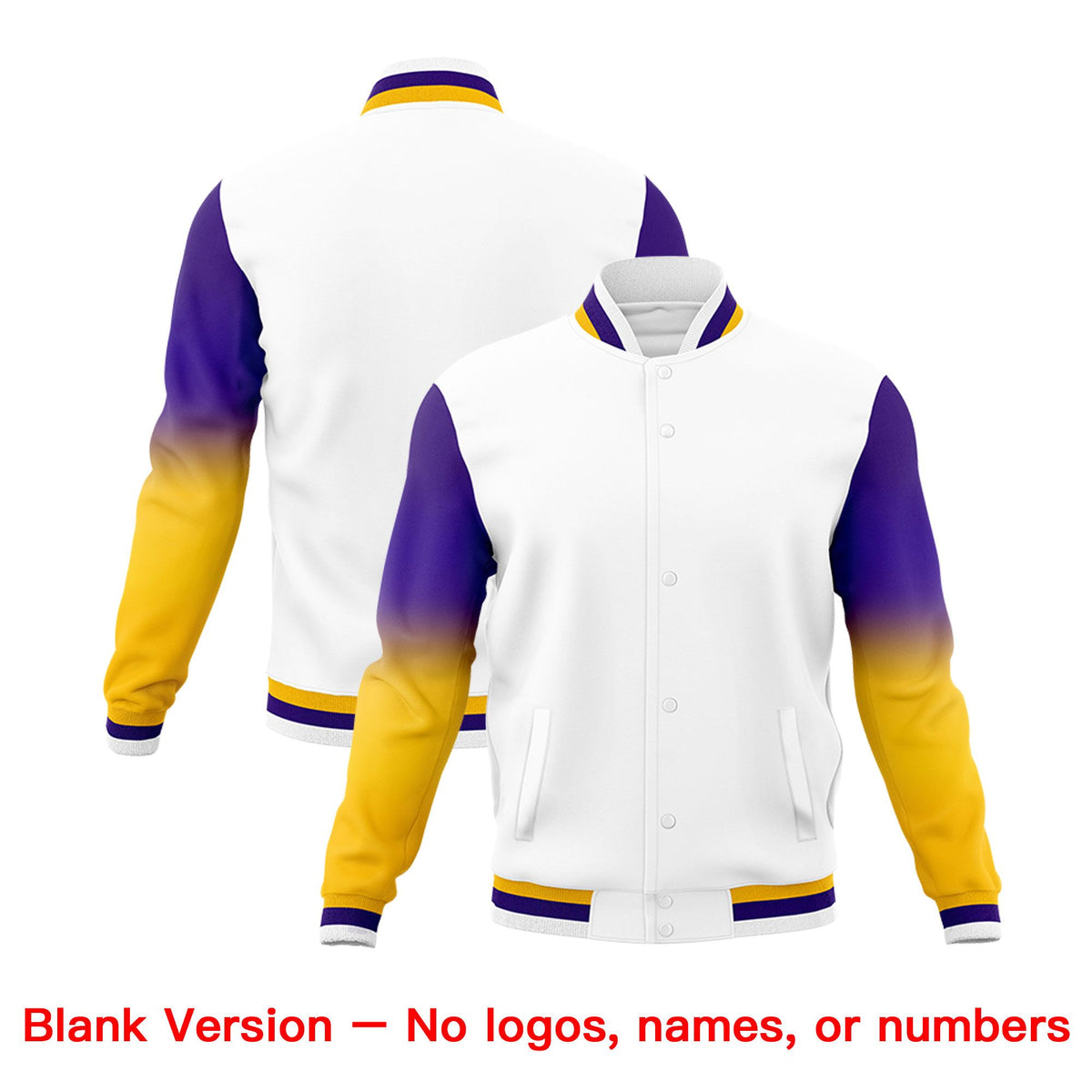Custom White Purple Gold Full-Snap Varsity Raglan Sleeves Gradient Letterman Jacket