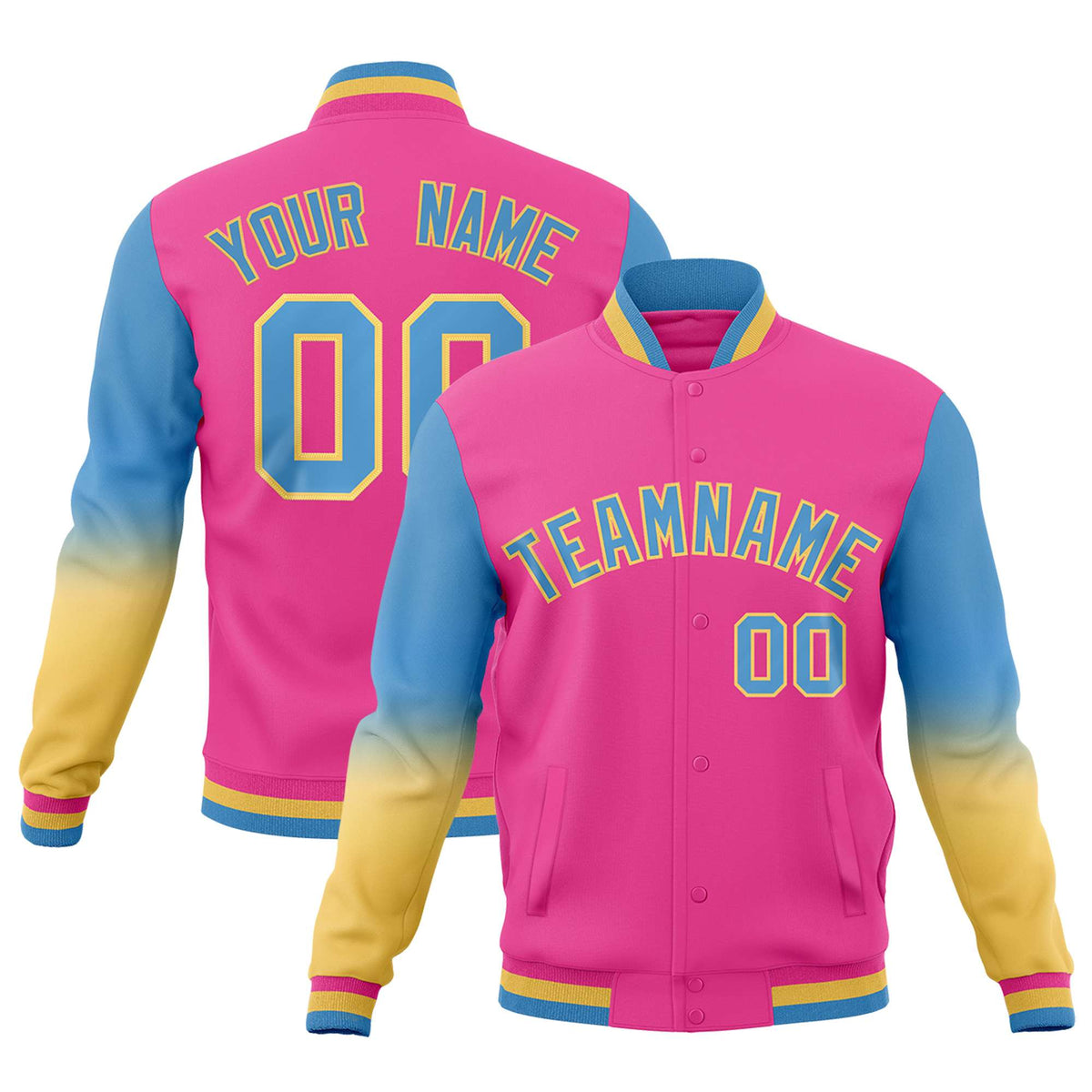 Custom Pink Light blue Khaki Full-Snap Varsity Raglan Sleeves Gradient Letterman Jacket