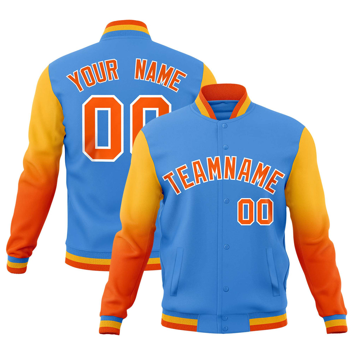 Custom Powder Blue Orange White Full-Snap Varsity Raglan Sleeves Gradient Letterman Jacket