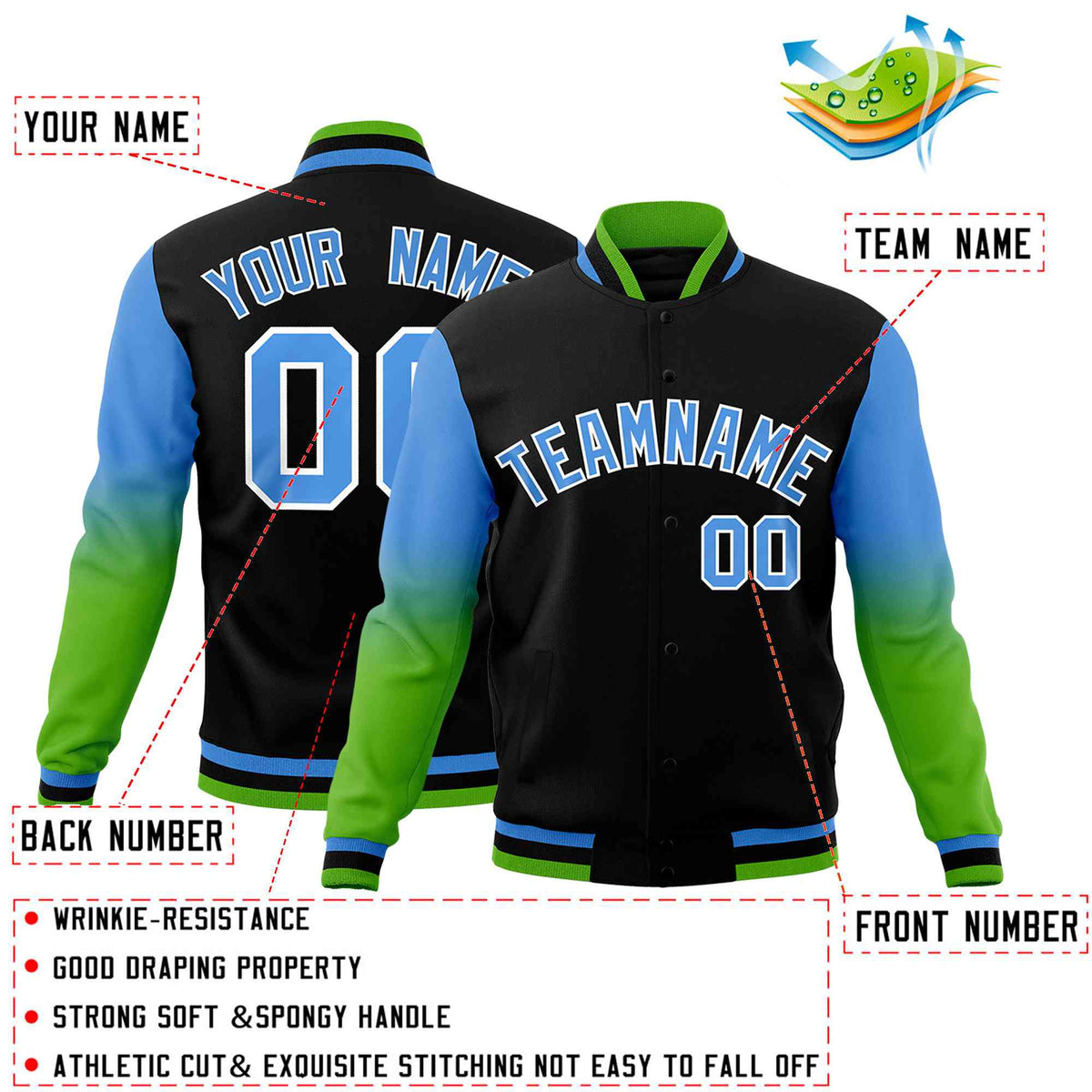 Custom Black Powder Blue White Full-Snap Varsity Raglan Sleeves Gradient Letterman Jacket