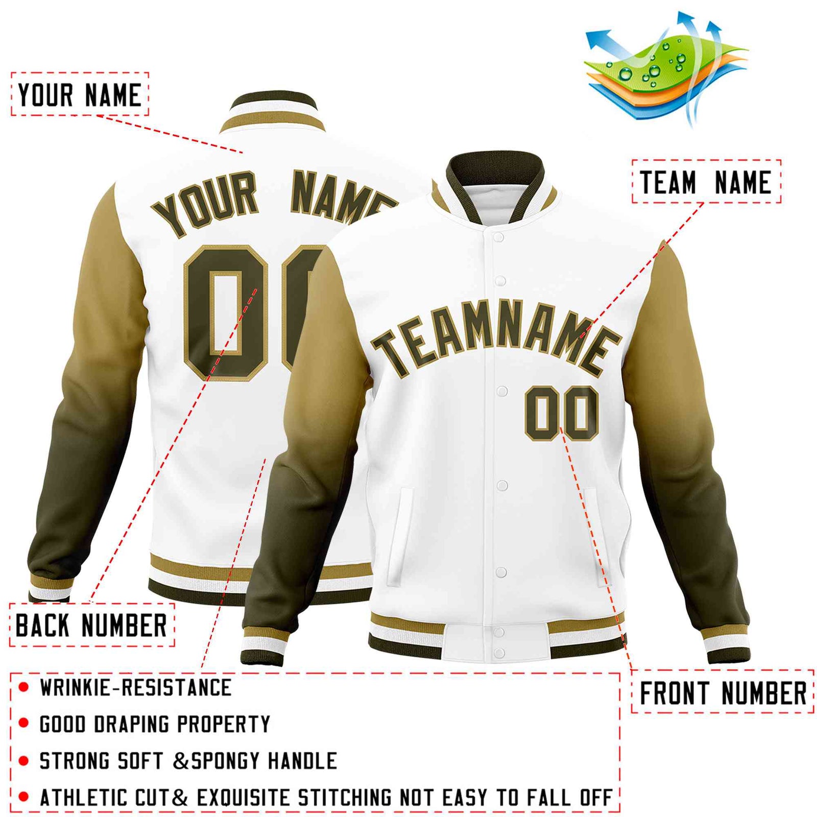Custom White Olive Desert Yellow Full-Snap Varsity Raglan Sleeves Gradient Letterman Jacket