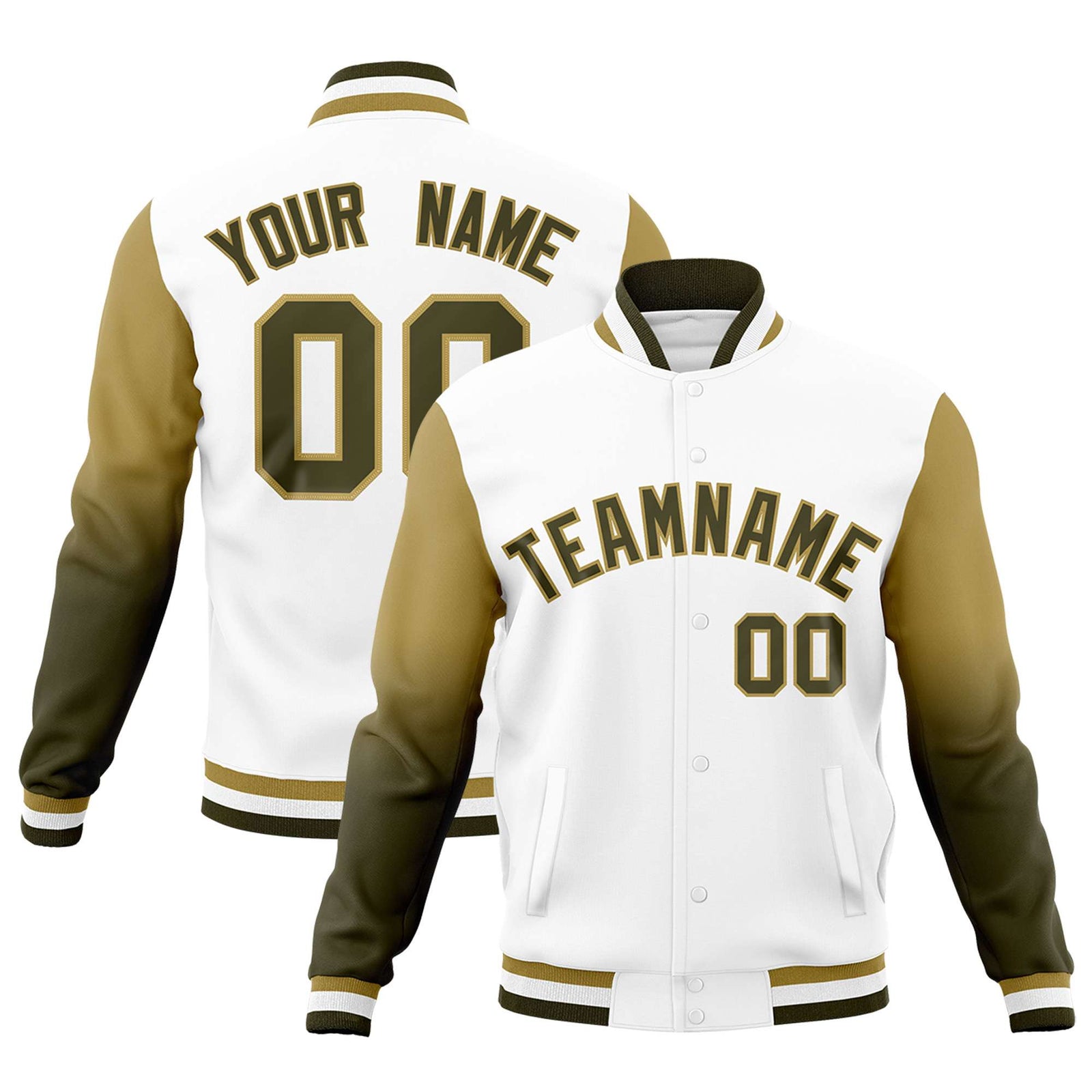 Custom White Olive Desert Yellow Full-Snap Varsity Raglan Sleeves Gradient Letterman Jacket