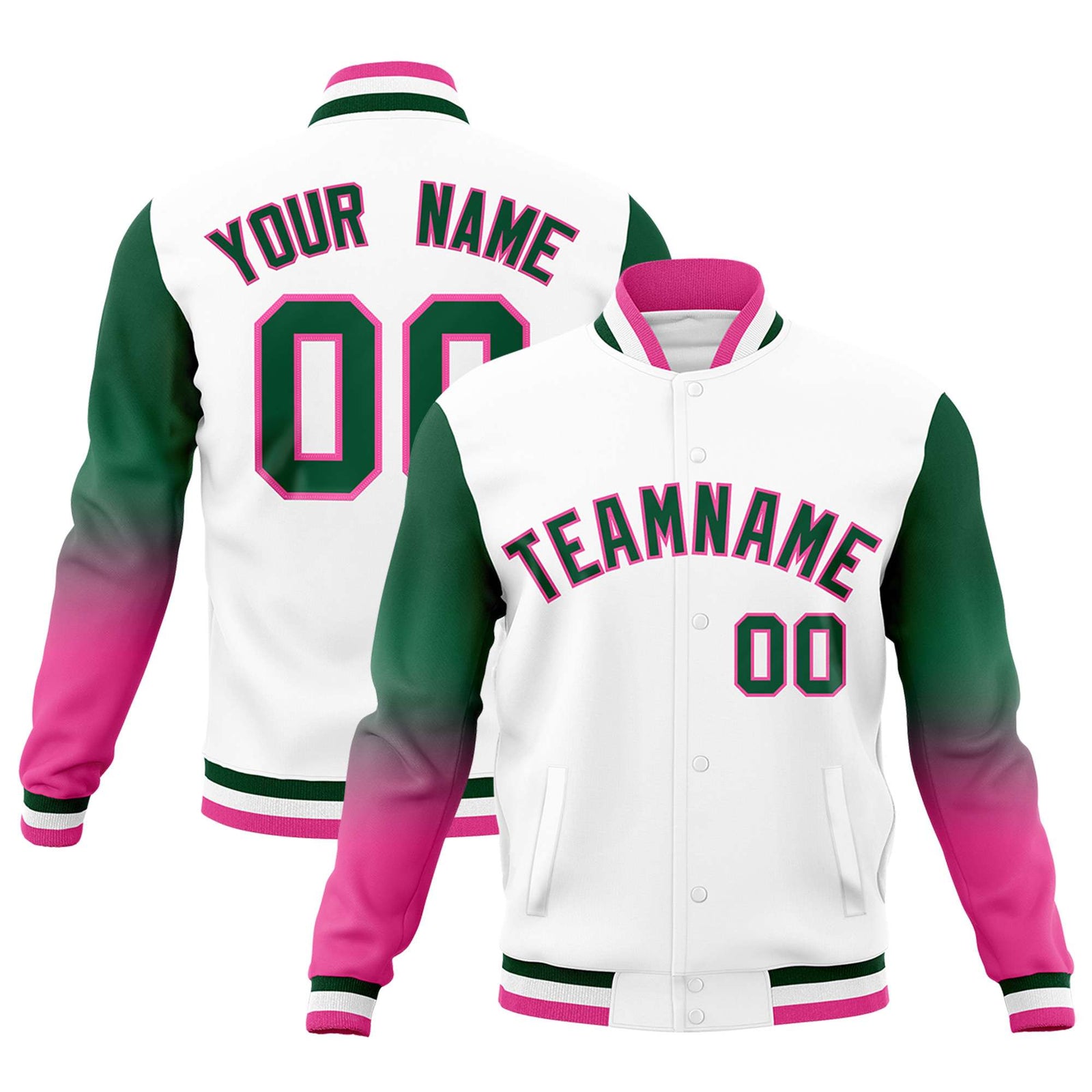 Custom White Green Pink Full-Snap Varsity Raglan Sleeves Gradient Letterman Jacket