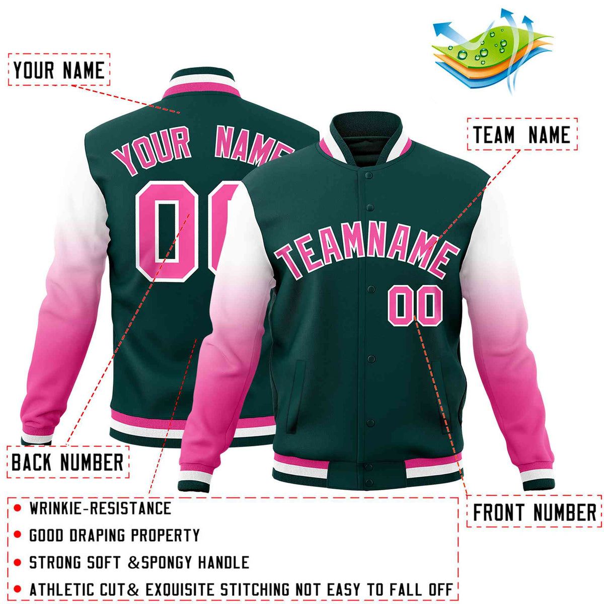 Custom Midnight Green Pink White Full-Snap Varsity Raglan Sleeves Gradient Letterman Jacket