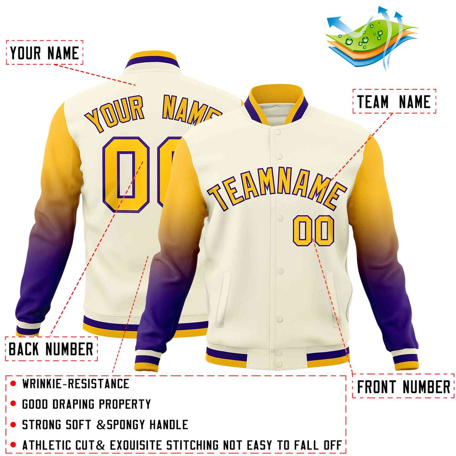 Custom Cream Gold Purple Full-Snap Varsity Raglan Sleeves Gradient Letterman Jacket