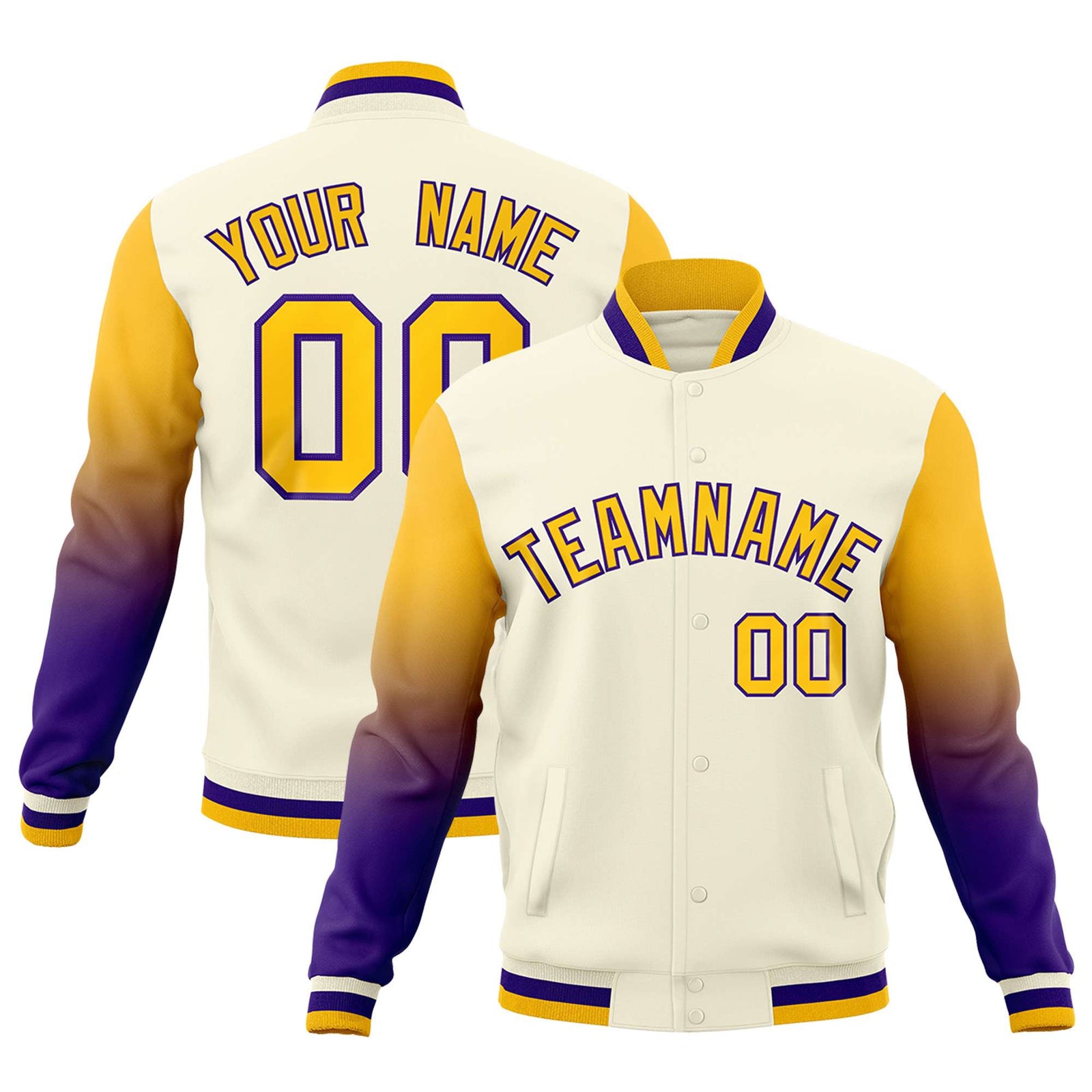 Custom Cream Gold Purple Full-Snap Varsity Raglan Sleeves Gradient Letterman Jacket
