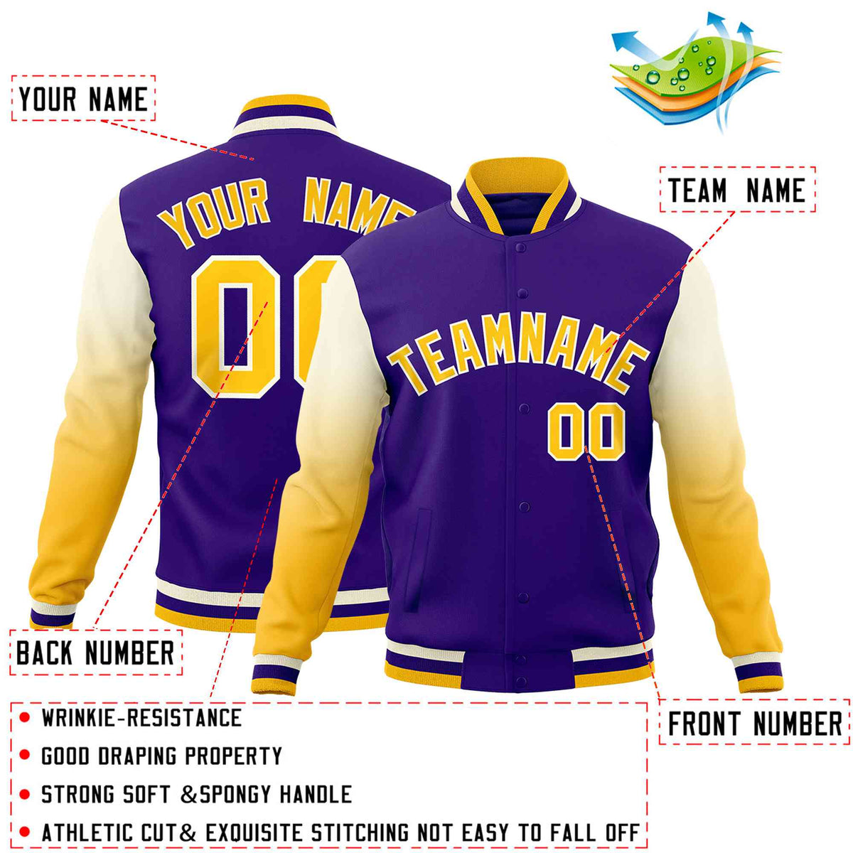 Custom Purple Gold White Full-Snap Varsity Raglan Sleeves Gradient Letterman Jacket