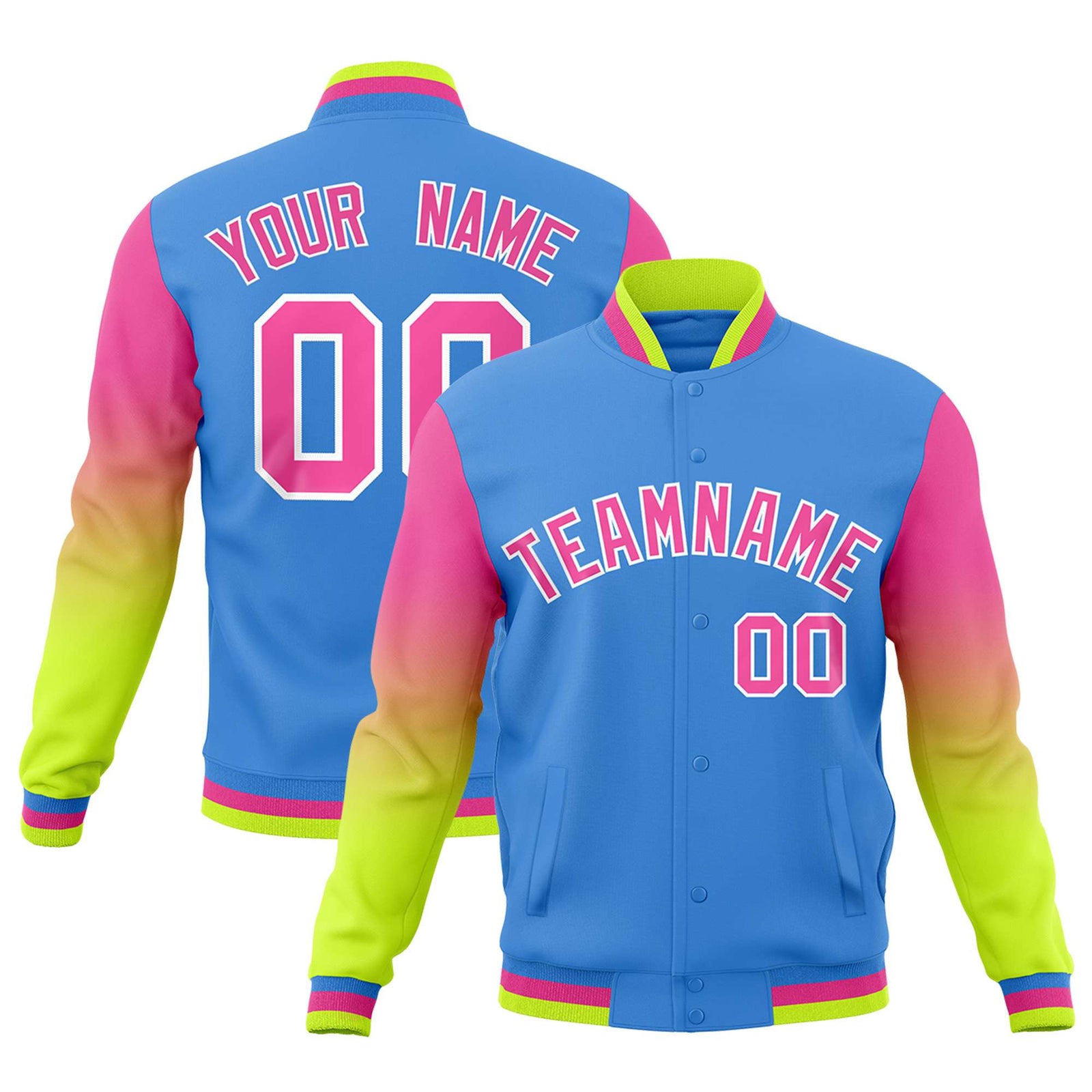 Custom Powder Blue Pink White Full-Snap Varsity Raglan Sleeves Gradient Letterman Jacket