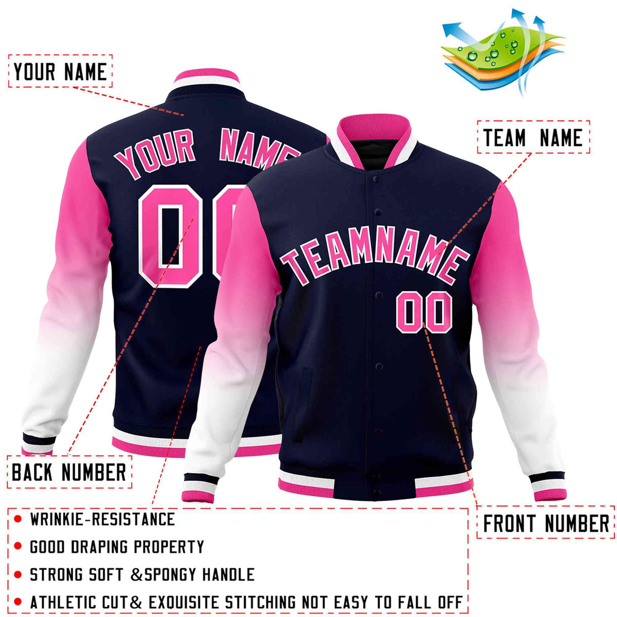 Custom Navy Pink White Full-Snap Varsity Raglan Sleeves Gradient Letterman Jacket