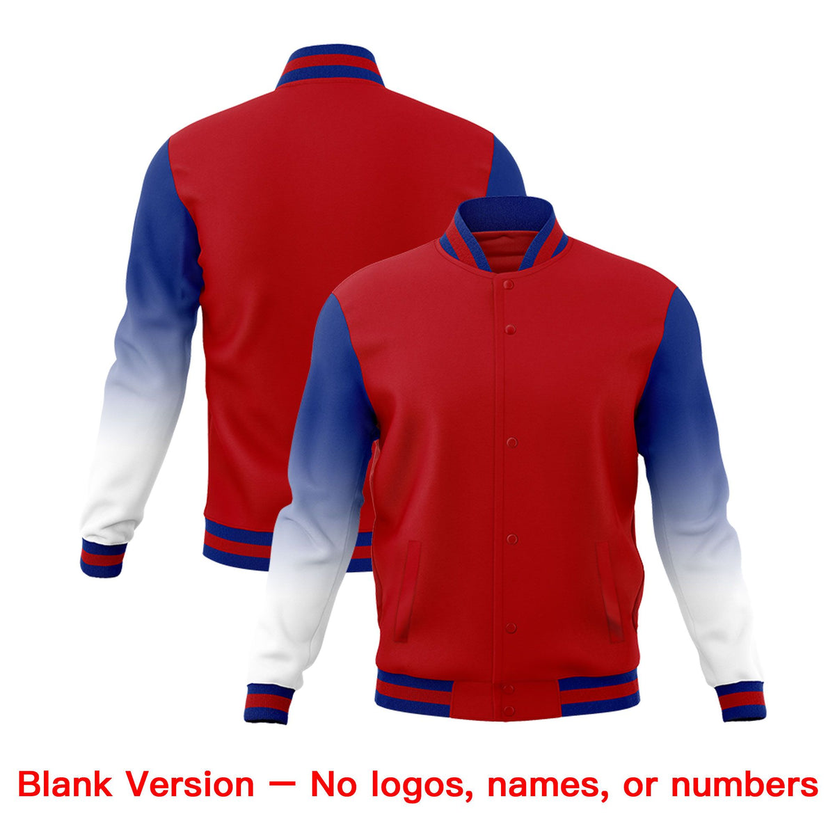 Custom Red Royal Blue White Full-Snap Varsity Raglan Sleeves Gradient Letterman Jacket| KXKSHOP