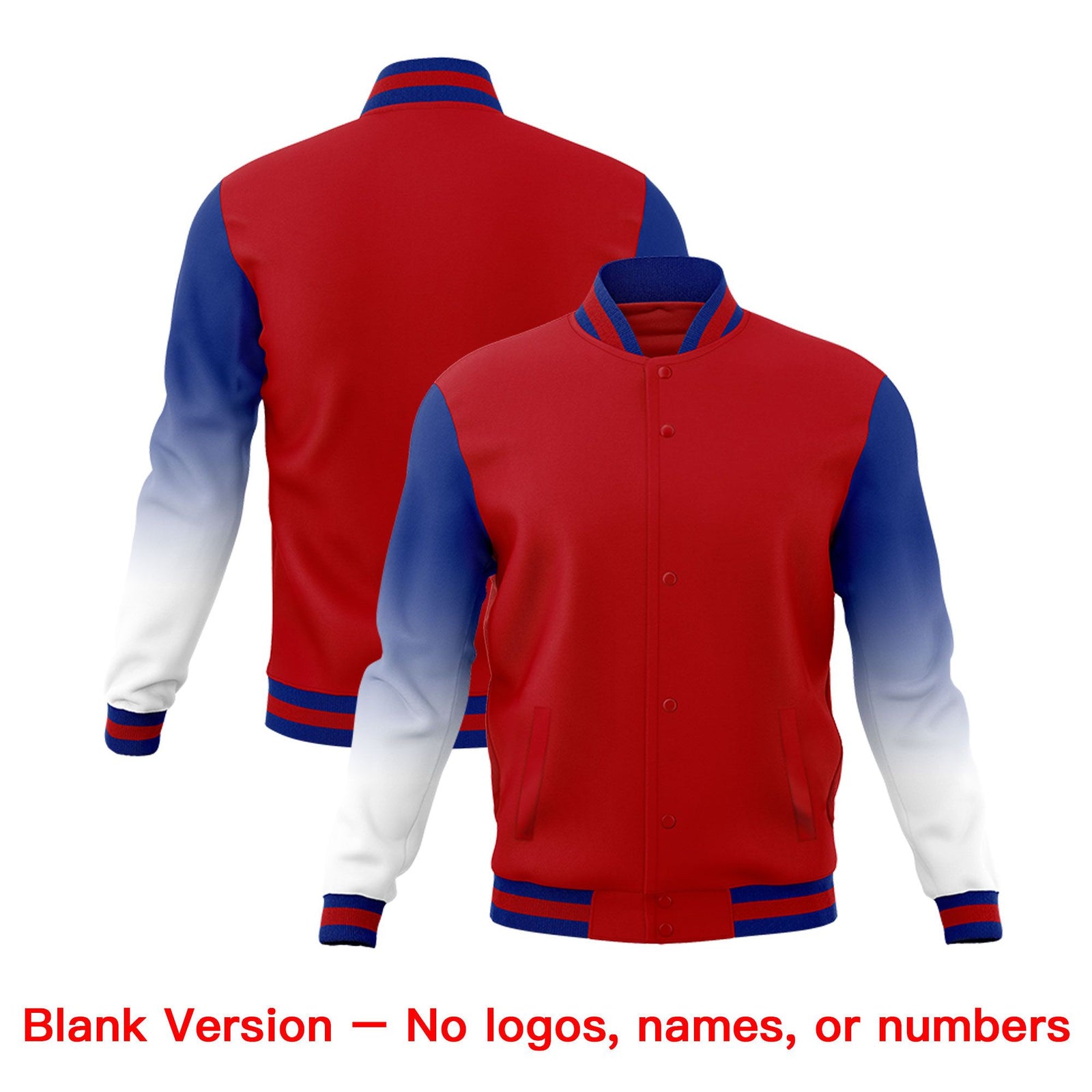 Custom Red Royal Blue White Full-Snap Varsity Raglan Sleeves Gradient Letterman Jacket| KXKSHOP