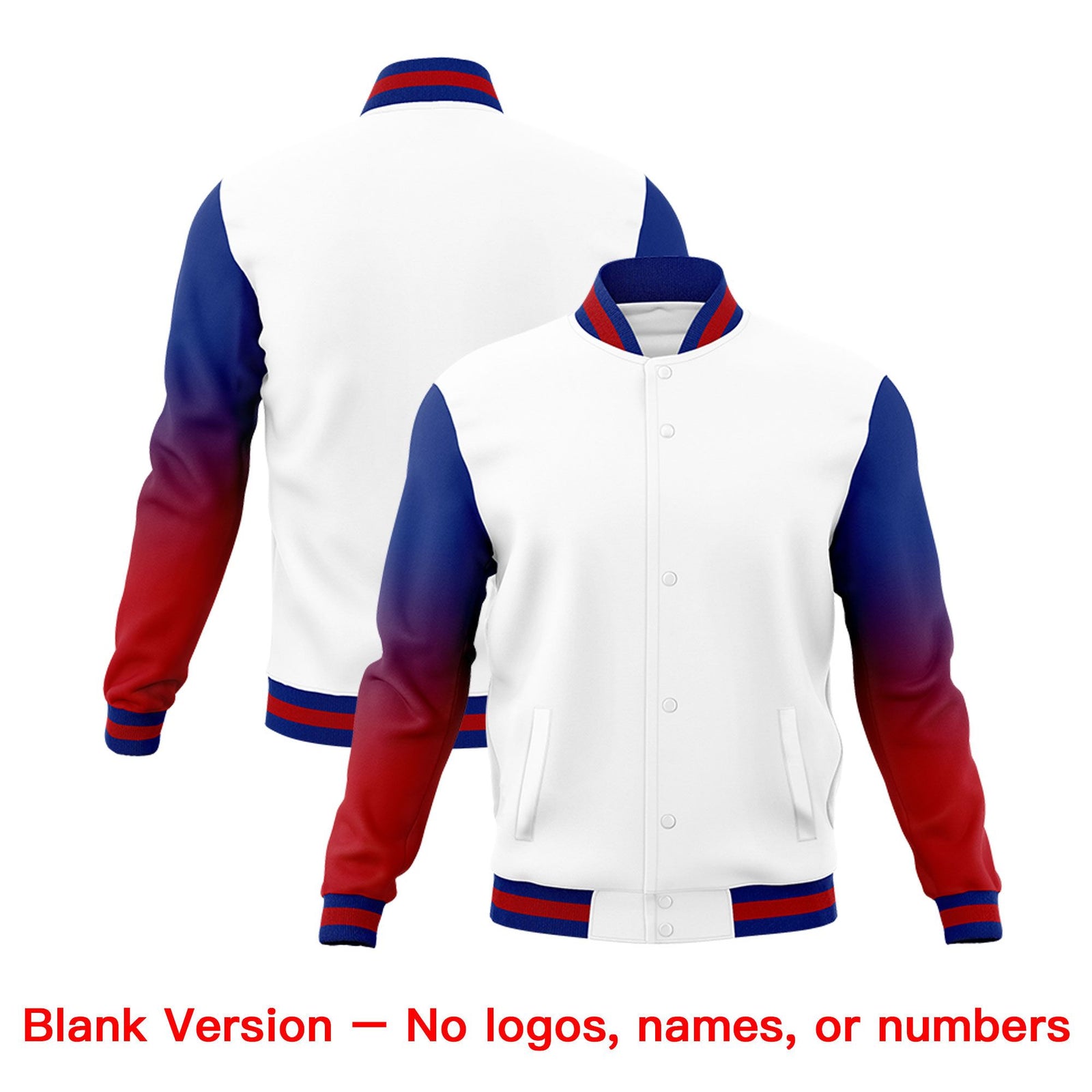 Custom White Royal Blue Red Full-Snap Varsity Raglan Sleeves Gradient Letterman Jacket| KXKSHOP