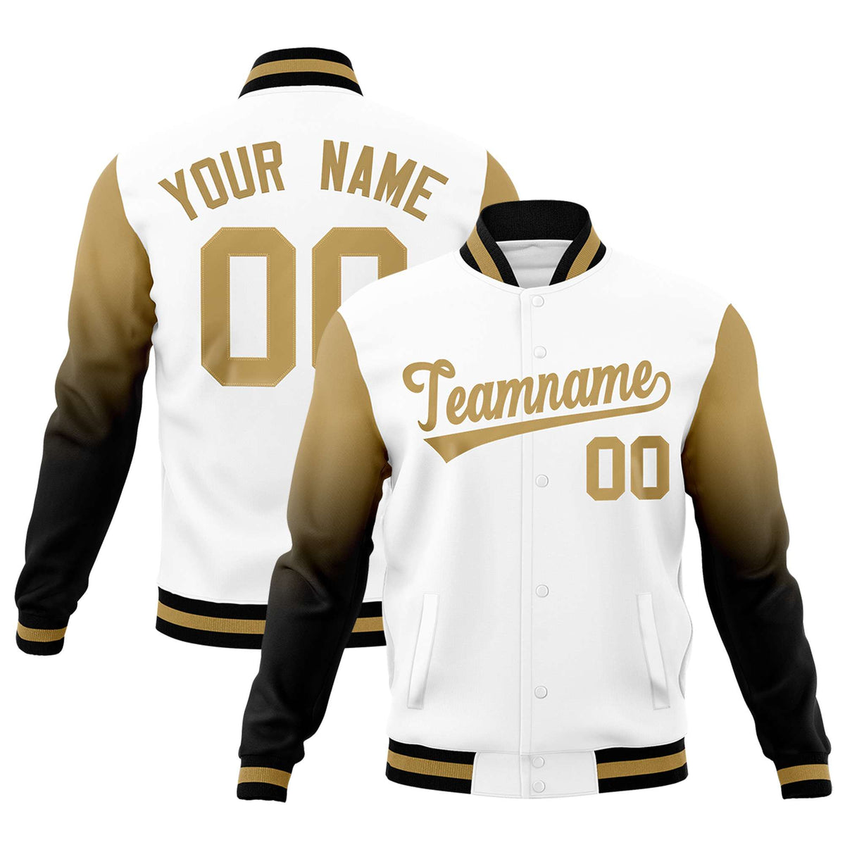 Custom White Black Old Gold Full-Snap Varsity Raglan Sleeves Gradient Letterman Jacket| KXKSHOP