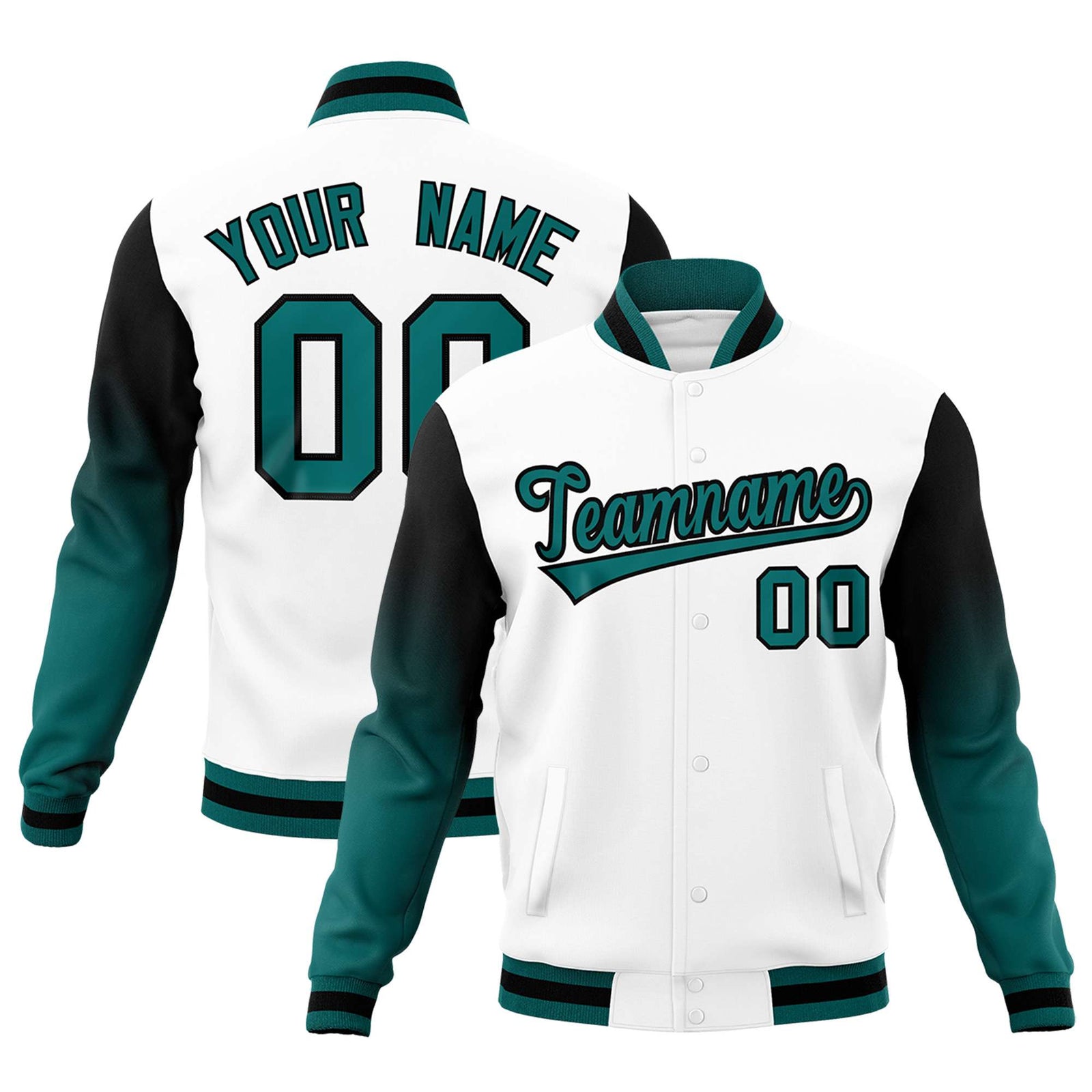 Custom White Teal Black Full-Snap Varsity Raglan Sleeves Gradient Letterman Jacket| KXKSHOP