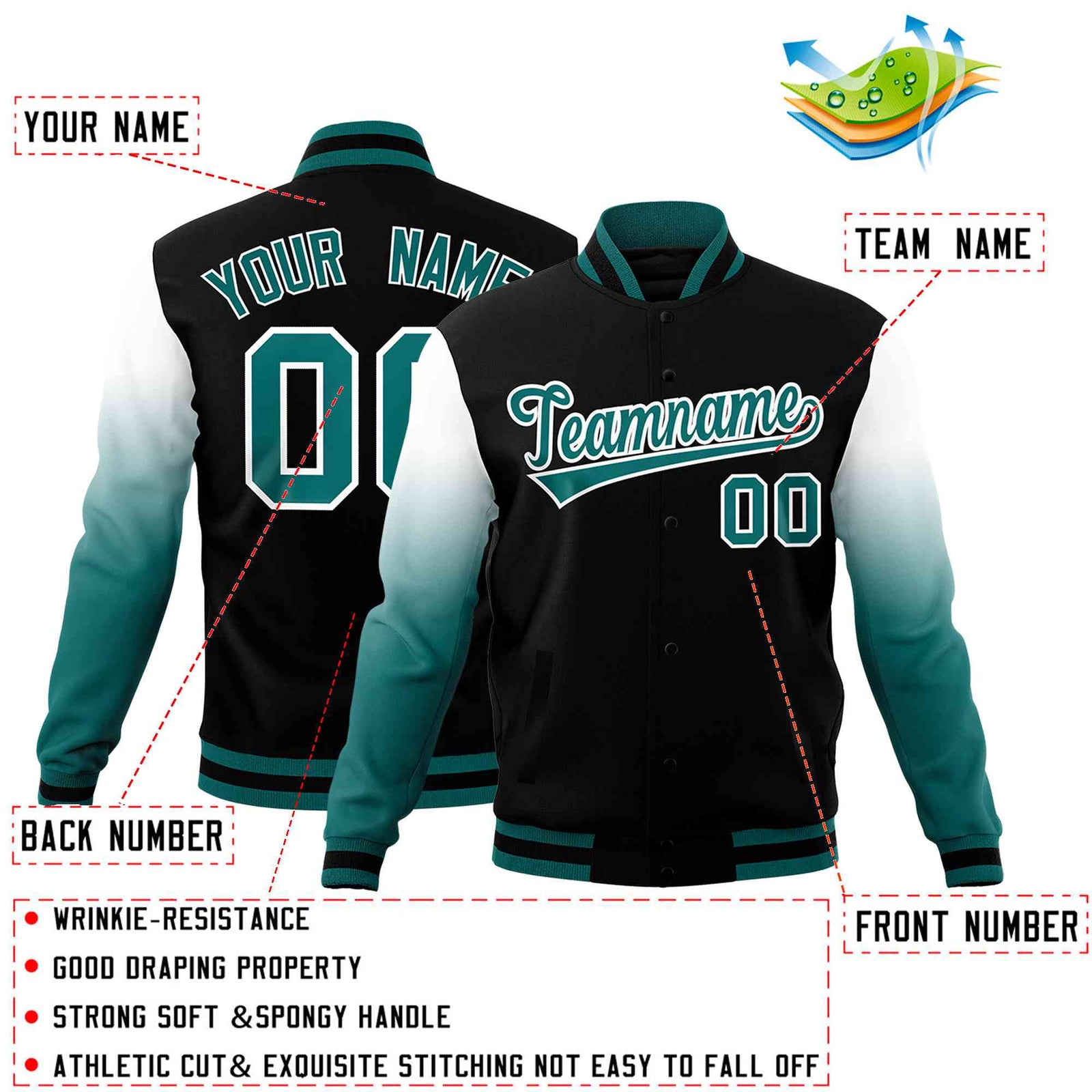 Custom Black Teal White Full-Snap Varsity Raglan Sleeves Gradient Letterman Jacket| KXKSHOP