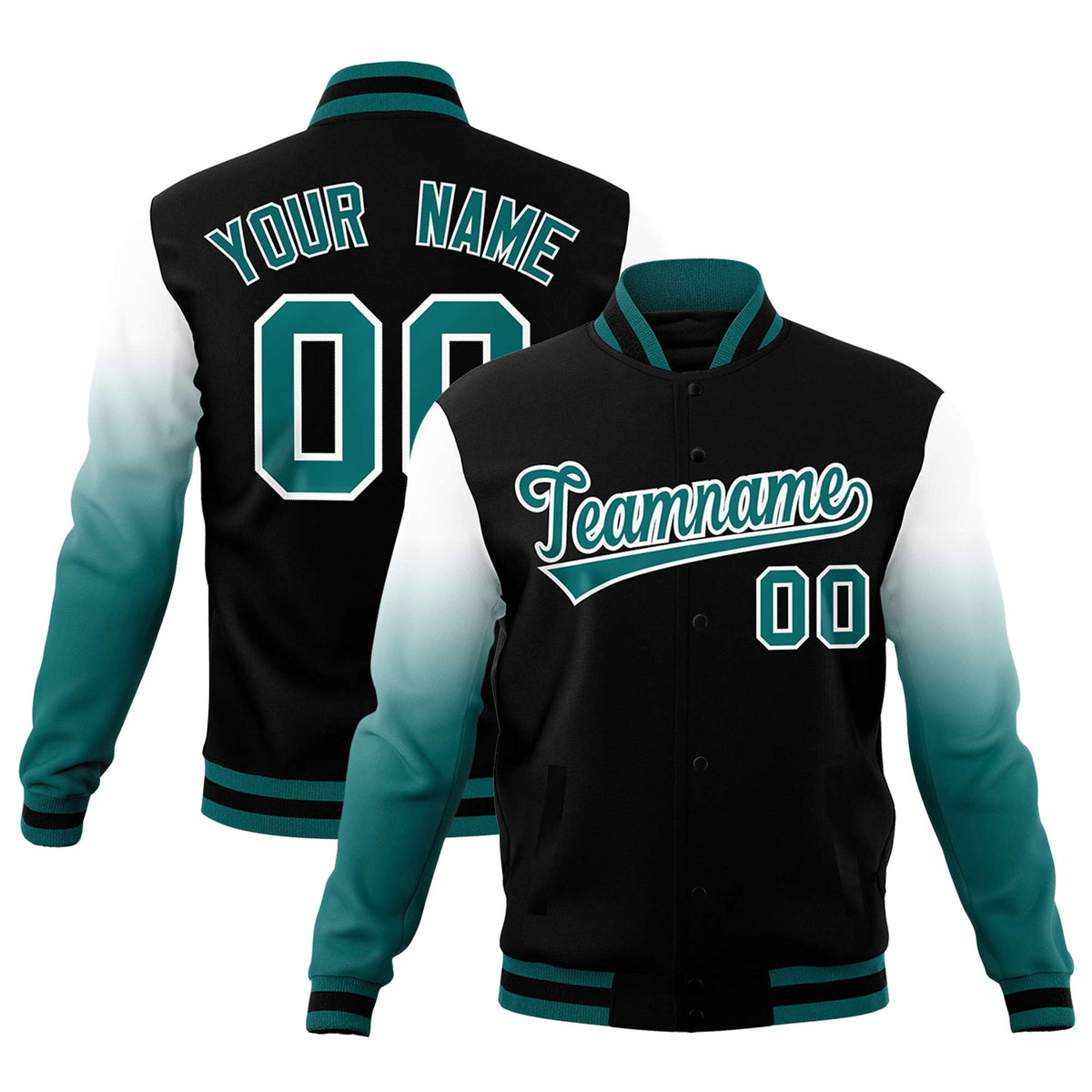 Custom Black Teal White Full-Snap Varsity Raglan Sleeves Gradient Letterman Jacket| KXKSHOP