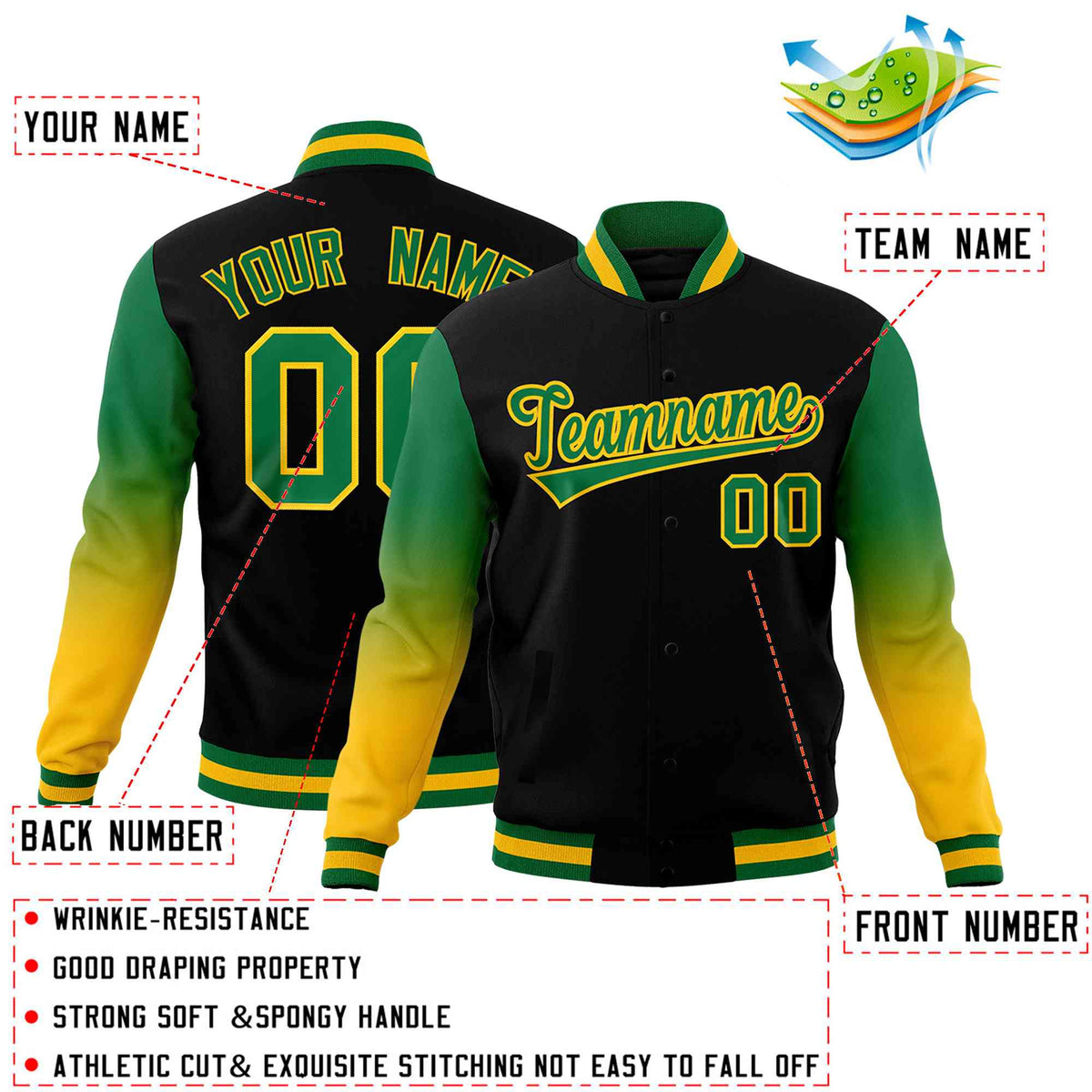 Custom Black Kelly Green Gold Full-Snap Varsity Raglan Sleeves Gradient Letterman Jacket| KXKSHOP