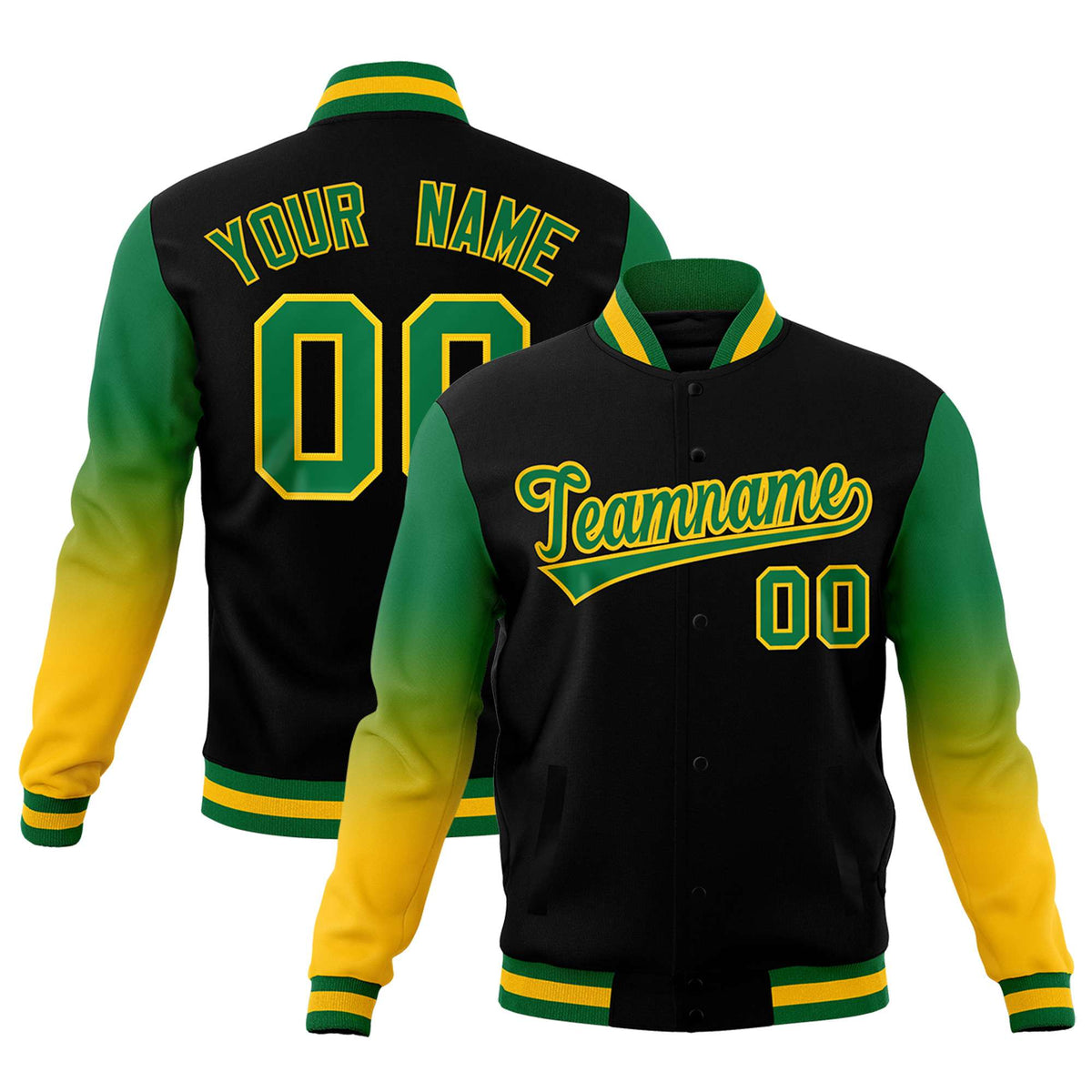 Custom Black Kelly Green Gold Full-Snap Varsity Raglan Sleeves Gradient Letterman Jacket| KXKSHOP