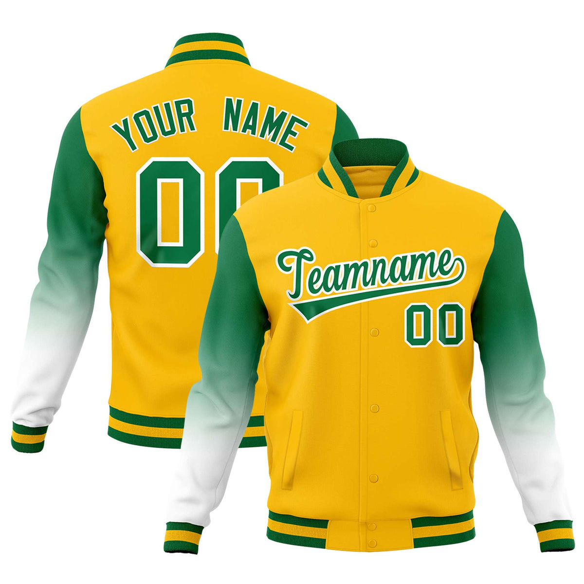 Custom Gold Kelly Green White Full-Snap Varsity Raglan Sleeves Gradient Letterman Jacket| KXKSHOP