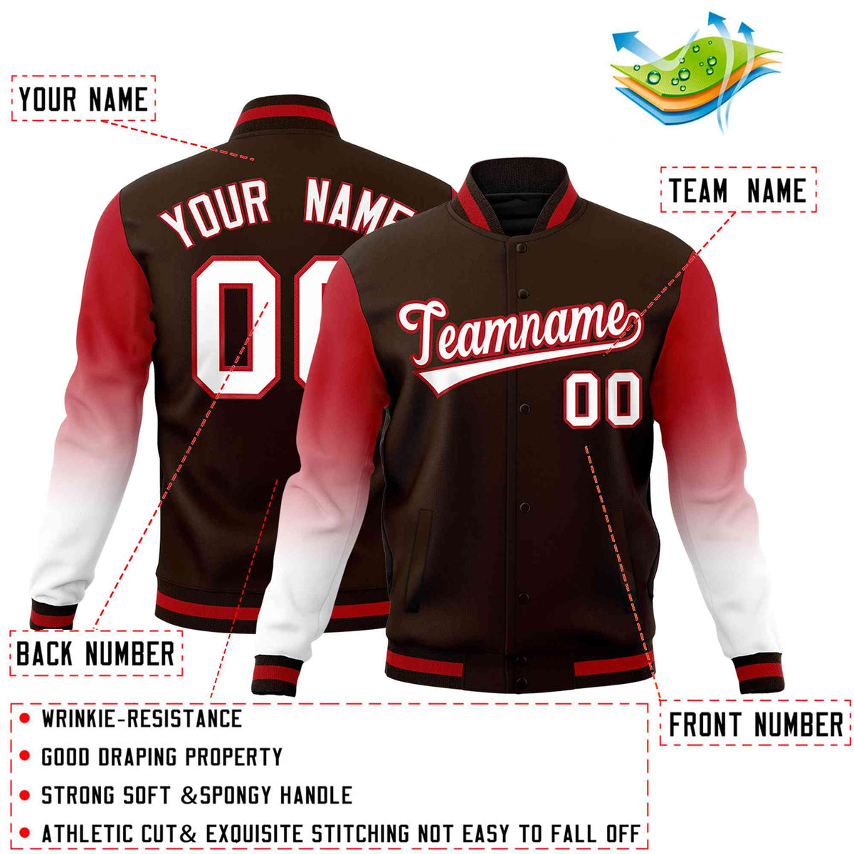 Custom Brown White Red Full-Snap Varsity Raglan Sleeves Gradient Letterman Jacket| KXKSHOP
