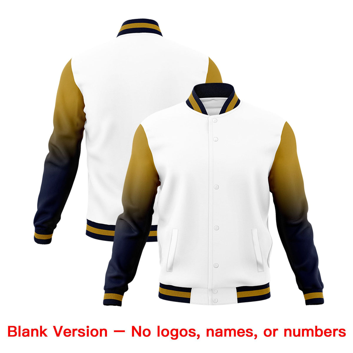 Custom White Old Gold Navy Full-Snap Varsity Raglan Sleeves Gradient Letterman Jacket| KXKSHOP