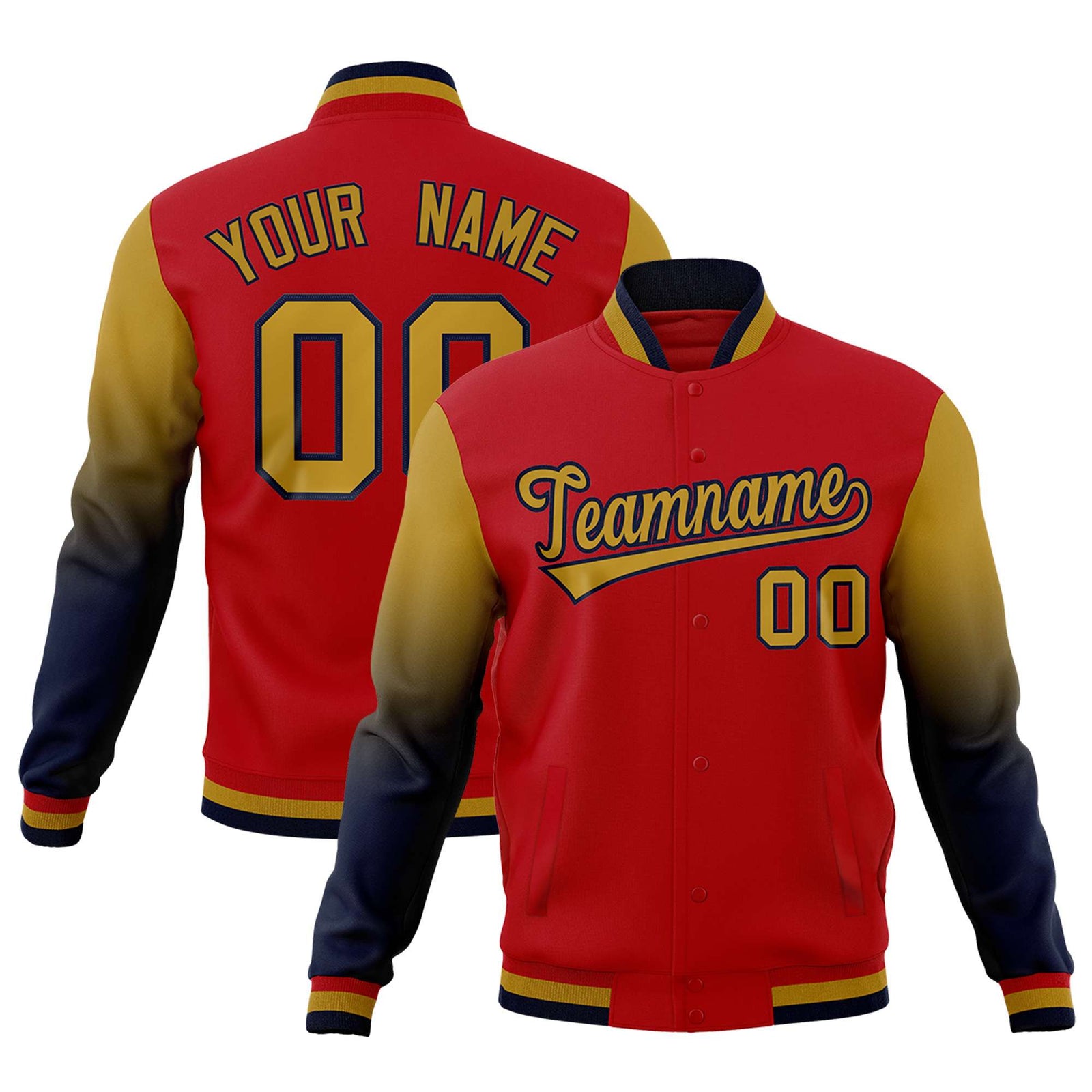 Custom Red Old Gold Navy Full-Snap Varsity Raglan Sleeves Gradient Letterman Jacket| KXKSHOP