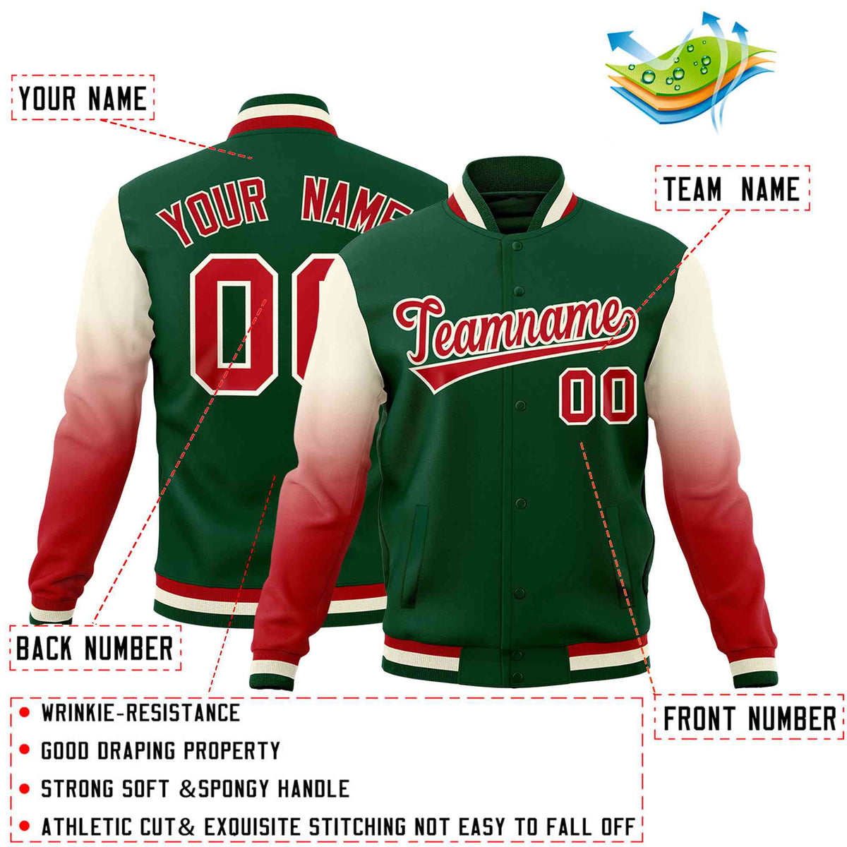 Custom Green Red Cream Full-Snap Varsity Raglan Sleeves Gradient Letterman Jacket| KXKSHOP
