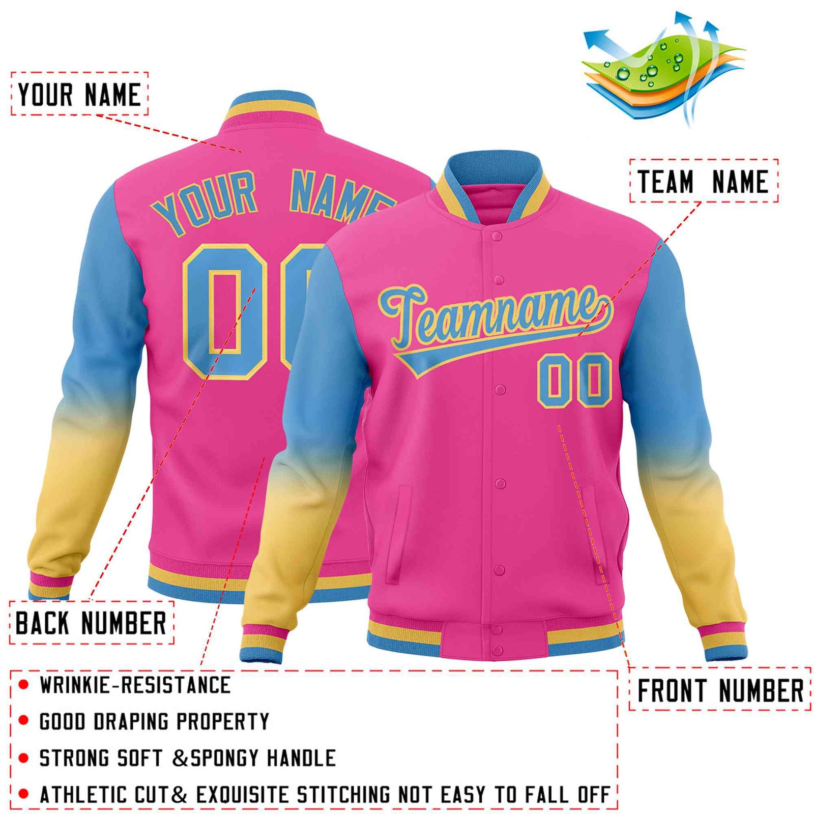 Custom Pink Light blue Khaki Full-Snap Varsity Raglan Sleeves Gradient Letterman Jacket| KXKSHOP