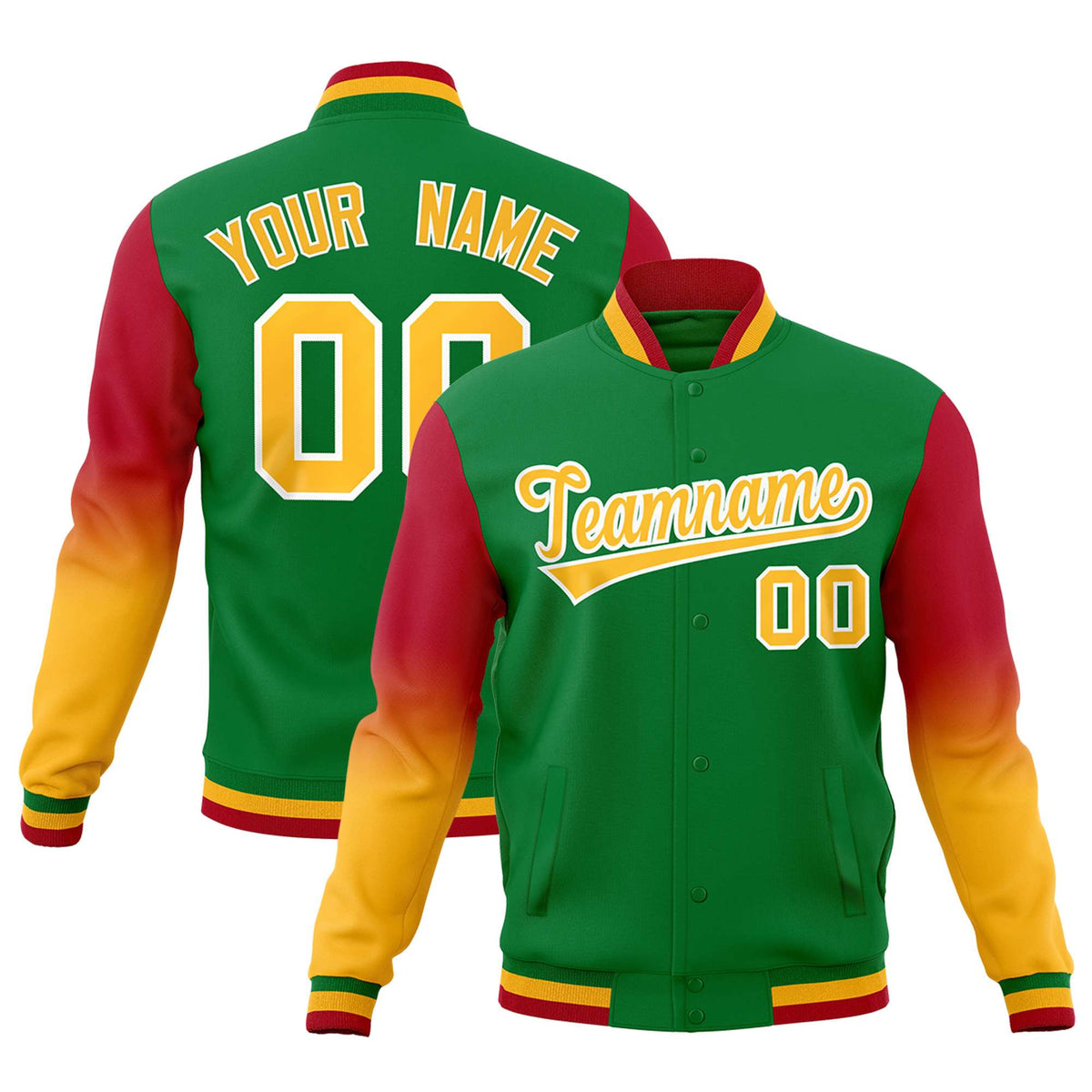 Custom Kelly Green Gold White Full-Snap Varsity Raglan Sleeves Gradient Letterman Jacket| KXKSHOP