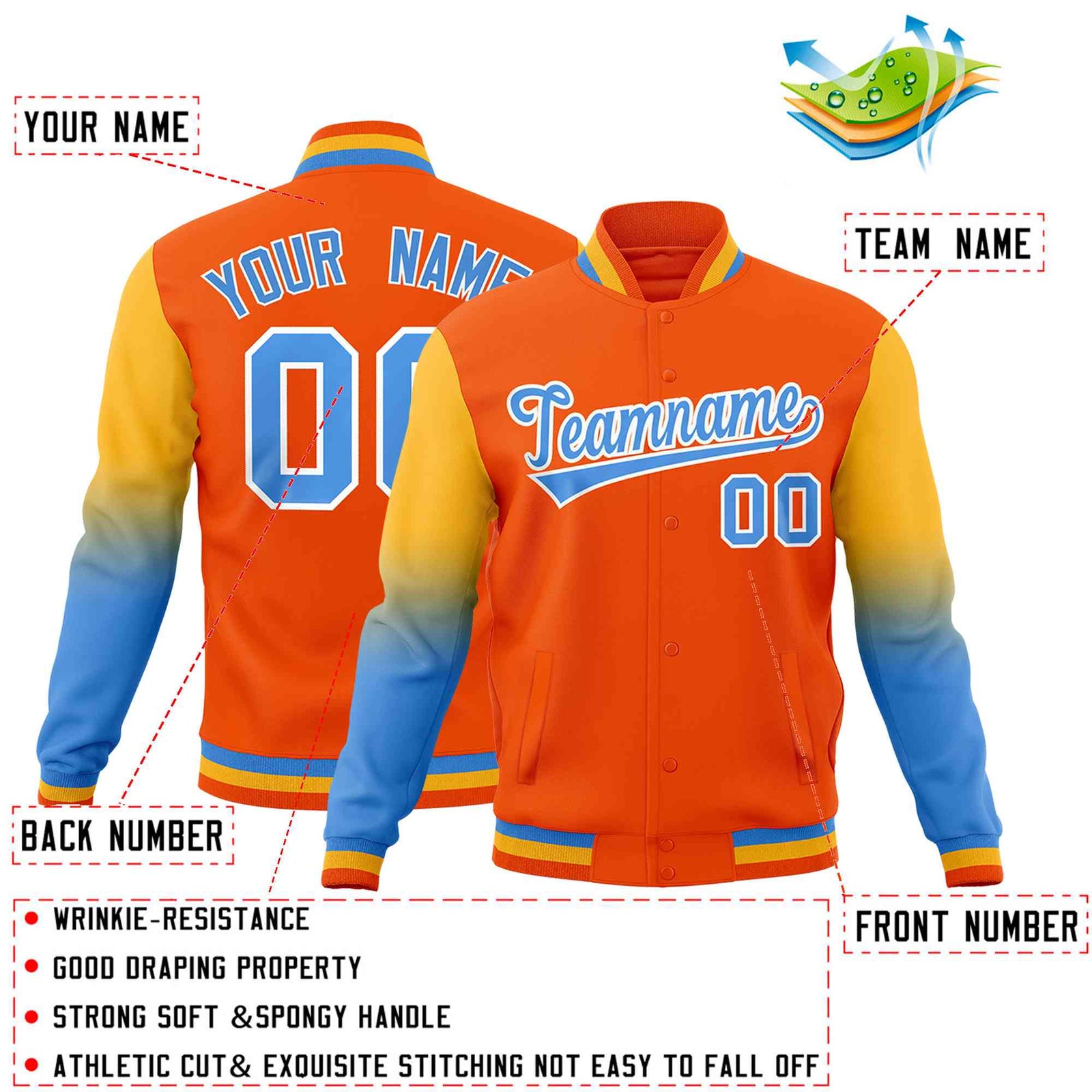Custom Orange Powder Blue White Full-Snap Varsity Raglan Sleeves Gradient Letterman Jacket| KXKSHOP