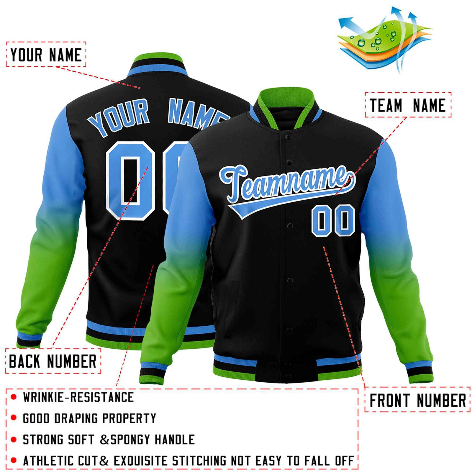 Custom Black Powder Blue White Full-Snap Varsity Raglan Sleeves Gradient Letterman Jacket| KXKSHOP