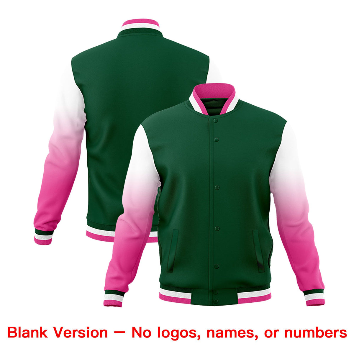 Custom Green Pink White Full-Snap Varsity Raglan Sleeves Gradient Letterman Jacket| KXKSHOP