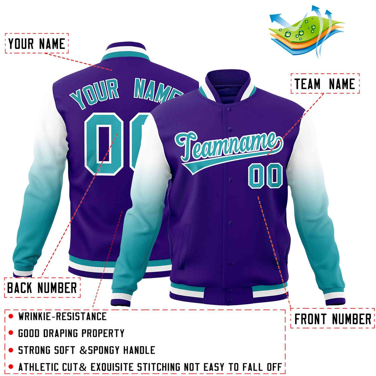 Custom Purple Aqua White Full-Snap Varsity Raglan Sleeves Gradient Letterman Jacket| KXKSHOP