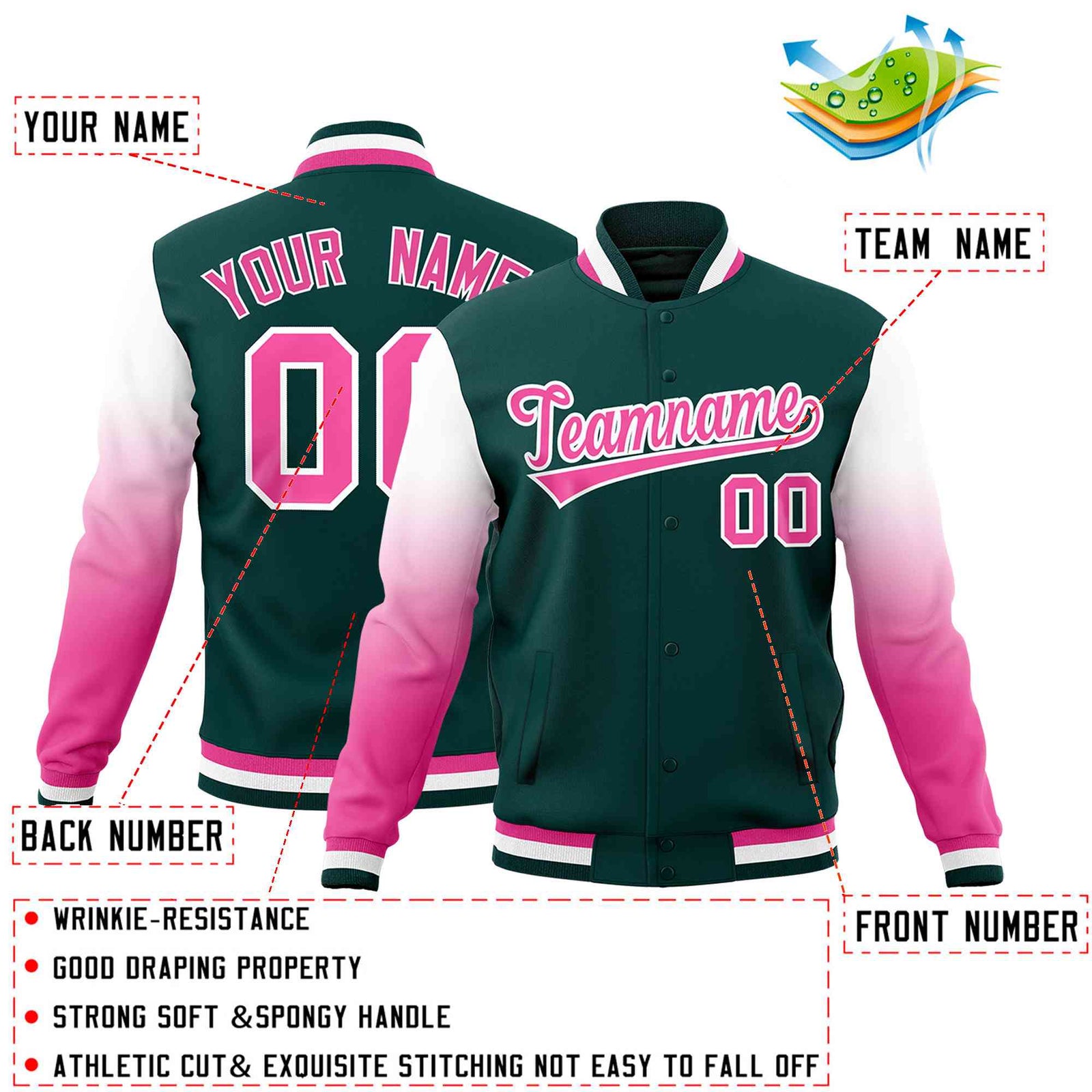 Custom Midnight Green Pink White Full-Snap Varsity Raglan Sleeves Gradient Letterman Jacket| KXKSHOP