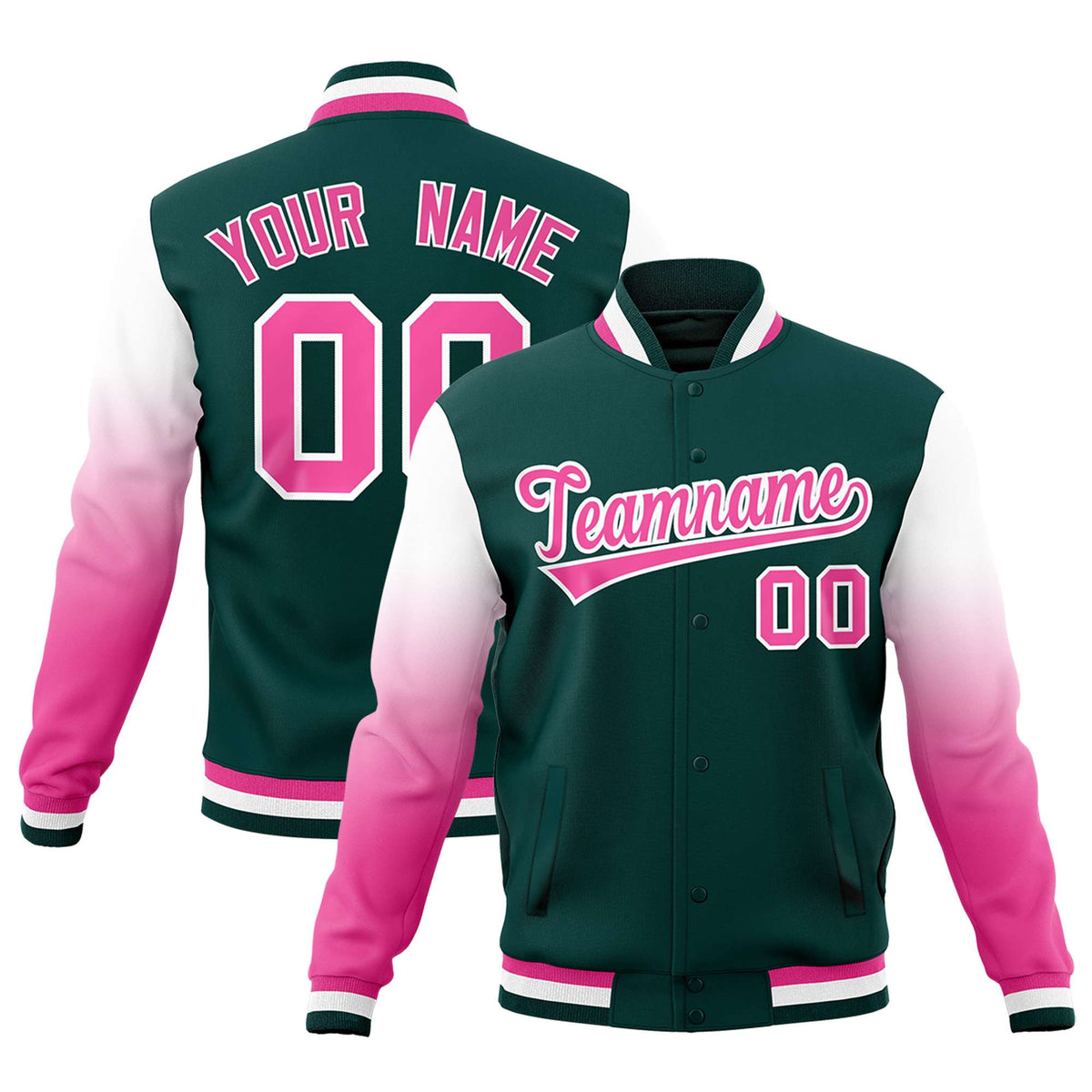 Custom Midnight Green Pink White Full-Snap Varsity Raglan Sleeves Gradient Letterman Jacket| KXKSHOP