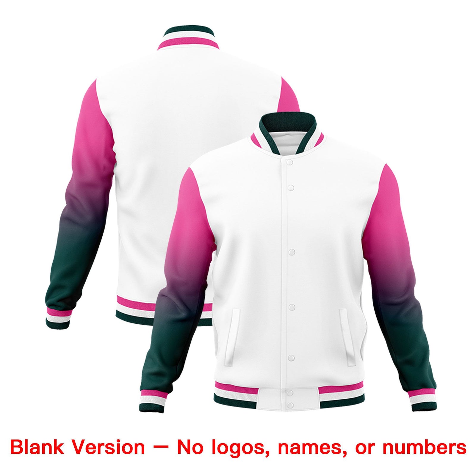 Custom White Pink Midnight Green Full-Snap Varsity Raglan Sleeves Gradient Letterman Jacket| KXKSHOP