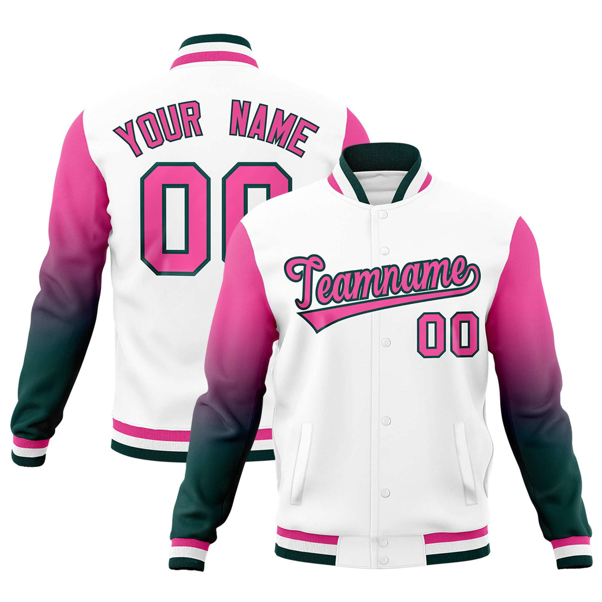 Custom White Pink Midnight Green Full-Snap Varsity Raglan Sleeves Gradient Letterman Jacket| KXKSHOP