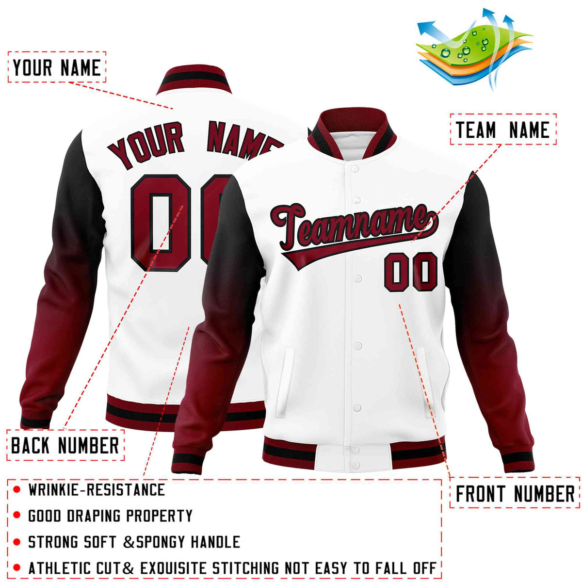 Custom White Crimson Black Full-Snap Varsity Raglan Sleeves Gradient Letterman Jacket| KXKSHOP