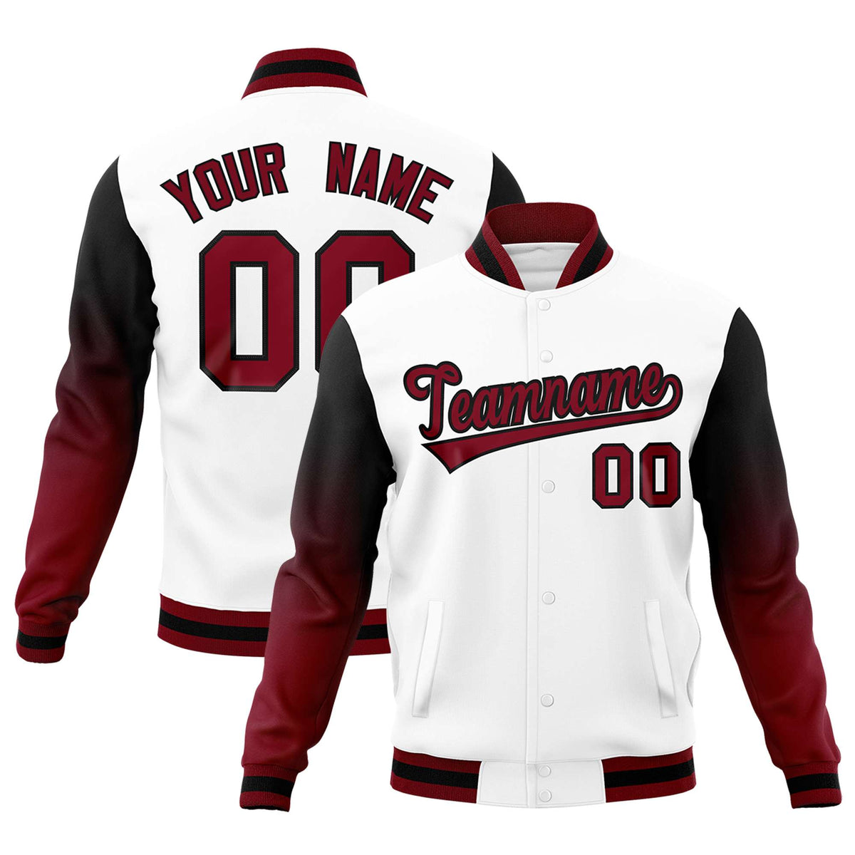 Custom White Crimson Black Full-Snap Varsity Raglan Sleeves Gradient Letterman Jacket| KXKSHOP