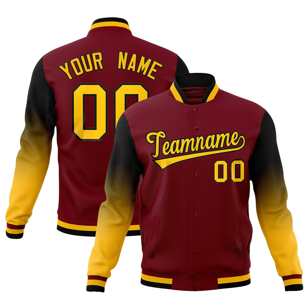 Custom Crimson Gold Black Full-Snap Varsity Raglan Sleeves Gradient Letterman Jacket| KXKSHOP