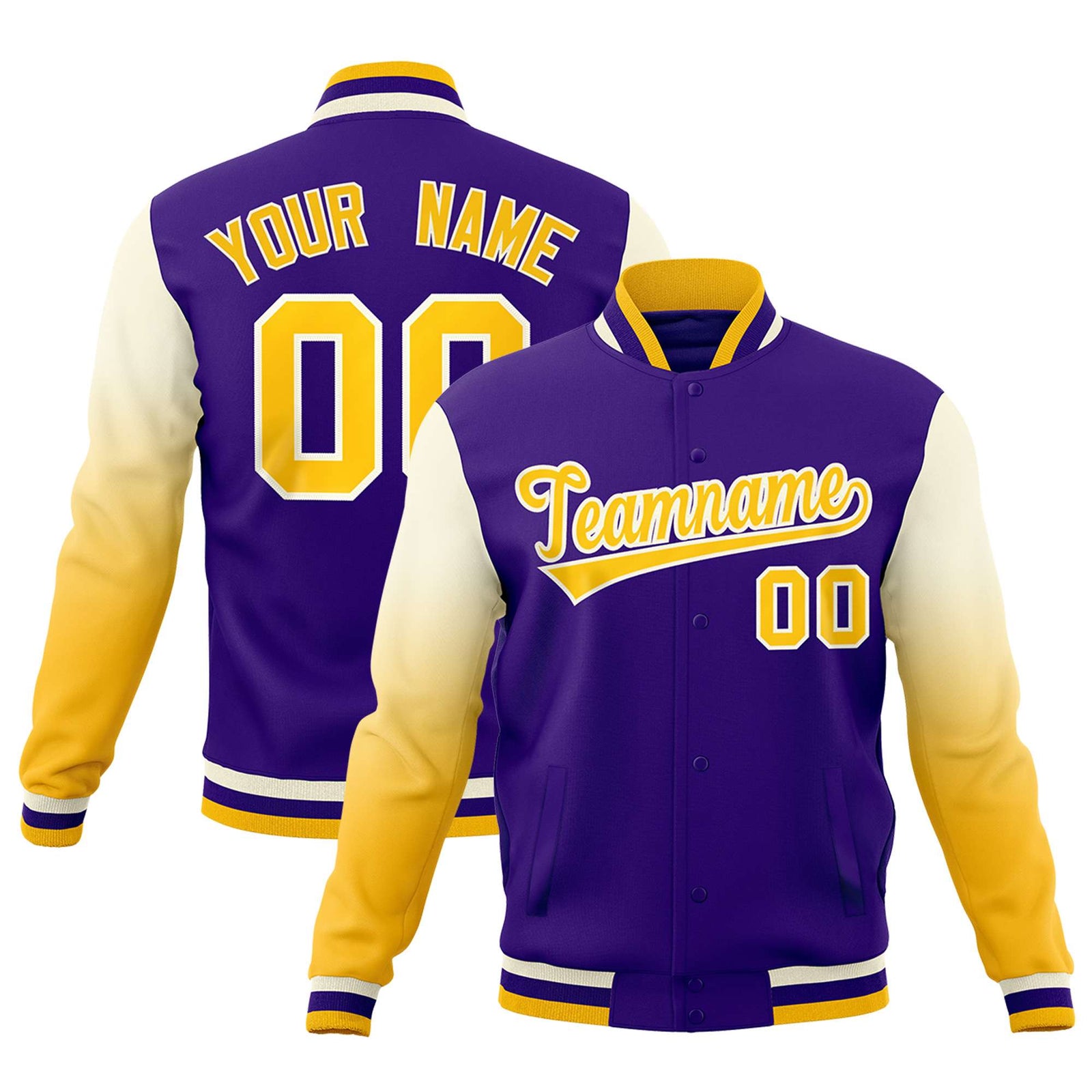 Custom Purple Gold White Full-Snap Varsity Raglan Sleeves Gradient Letterman Jacket| KXKSHOP