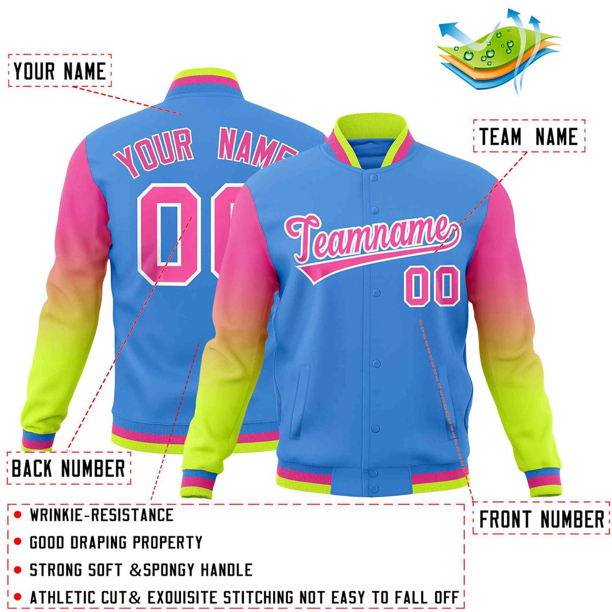 Custom Powder Blue Pink White Full-Snap Varsity Raglan Sleeves Gradient Letterman Jacket| KXKSHOP
