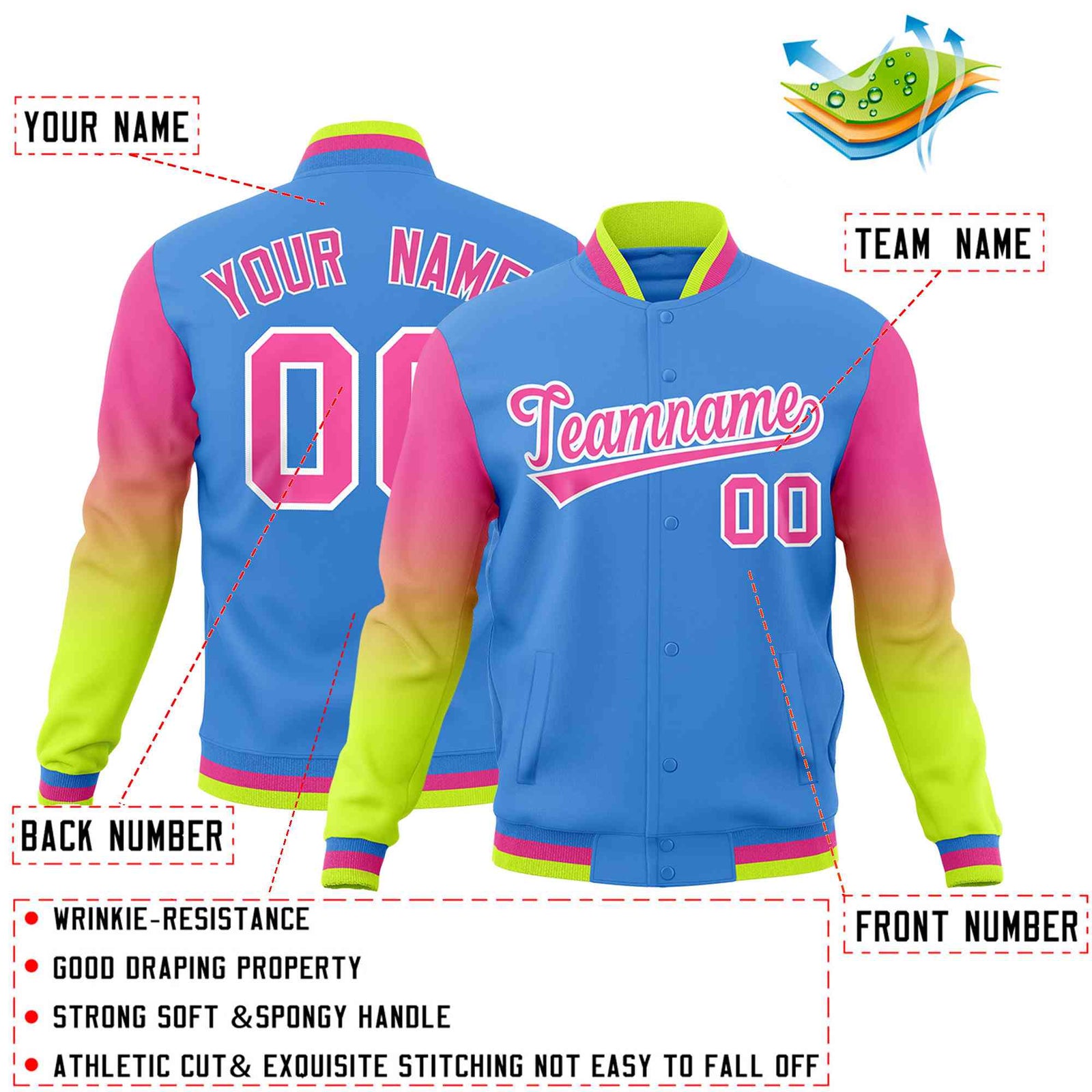 Custom Powder Blue Pink White Full-Snap Varsity Raglan Sleeves Gradient Letterman Jacket| KXKSHOP