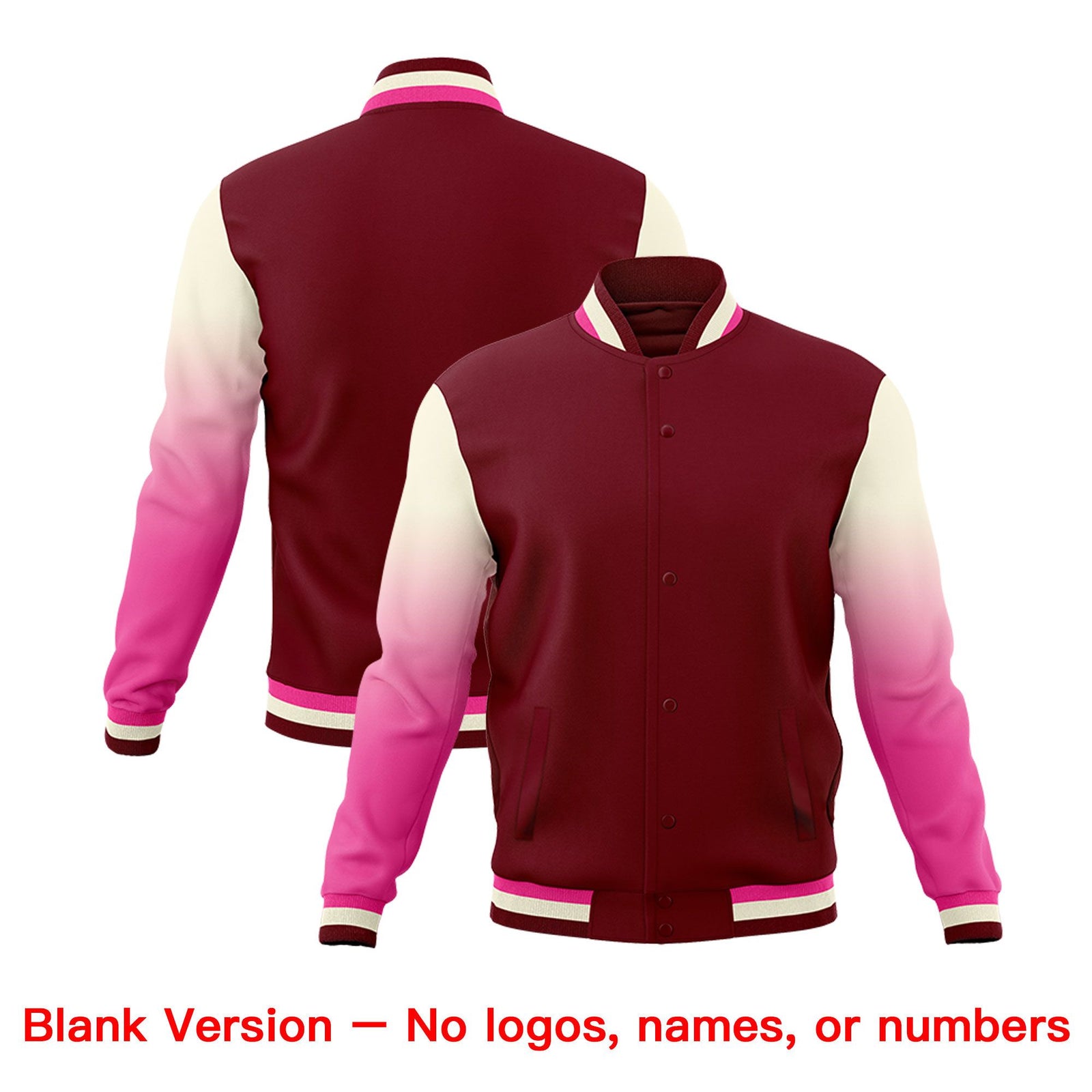 Custom Crimson Pink Cream Full-Snap Varsity Raglan Sleeves Gradient Letterman Jacket| KXKSHOP