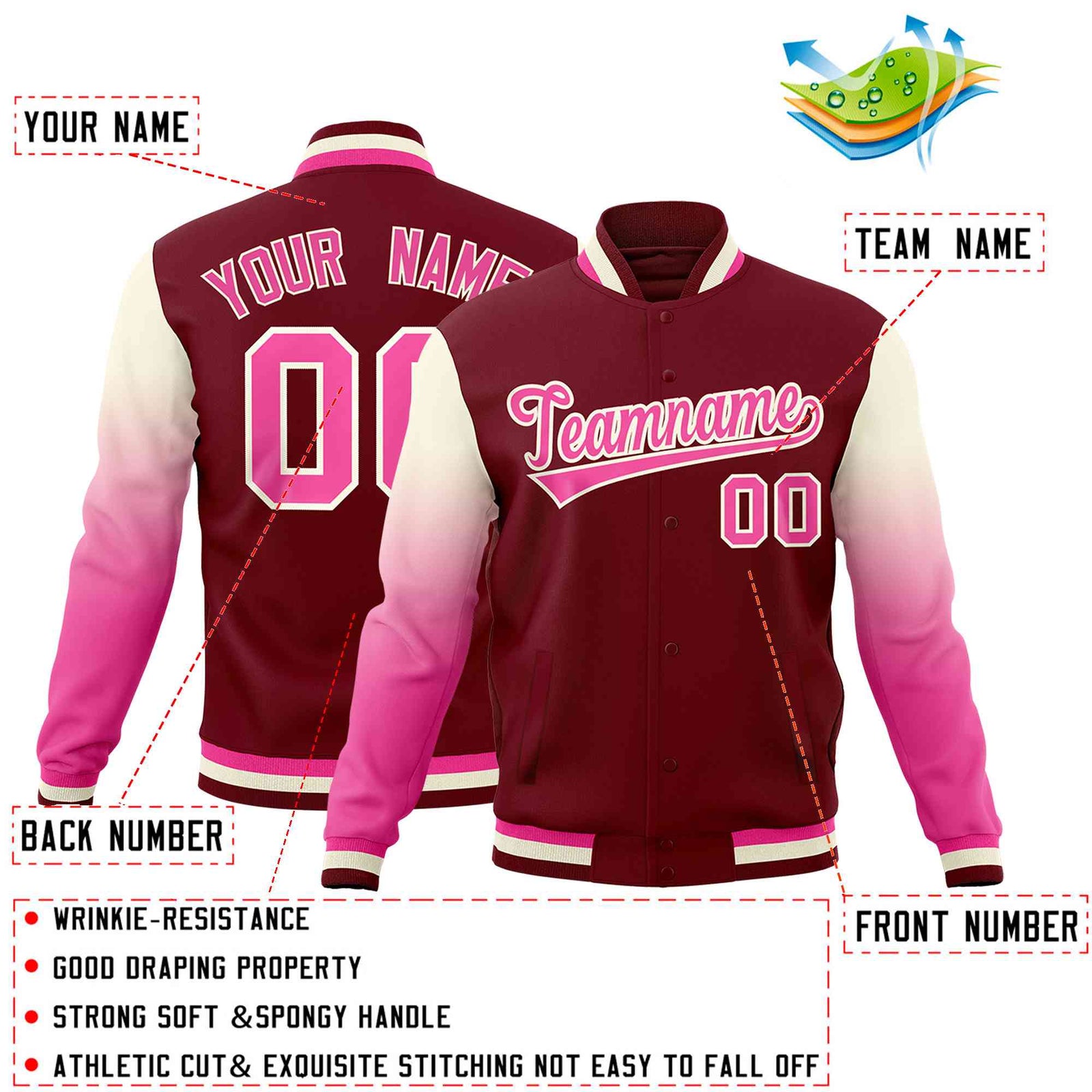 Custom Crimson Pink Cream Full-Snap Varsity Raglan Sleeves Gradient Letterman Jacket| KXKSHOP