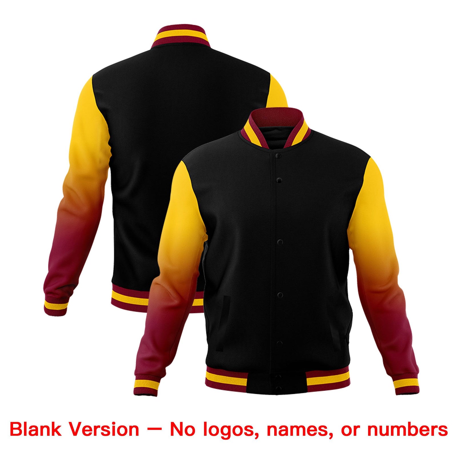 Custom Black Crimson Gold Full-Snap Varsity Raglan Sleeves Gradient Letterman Jacket